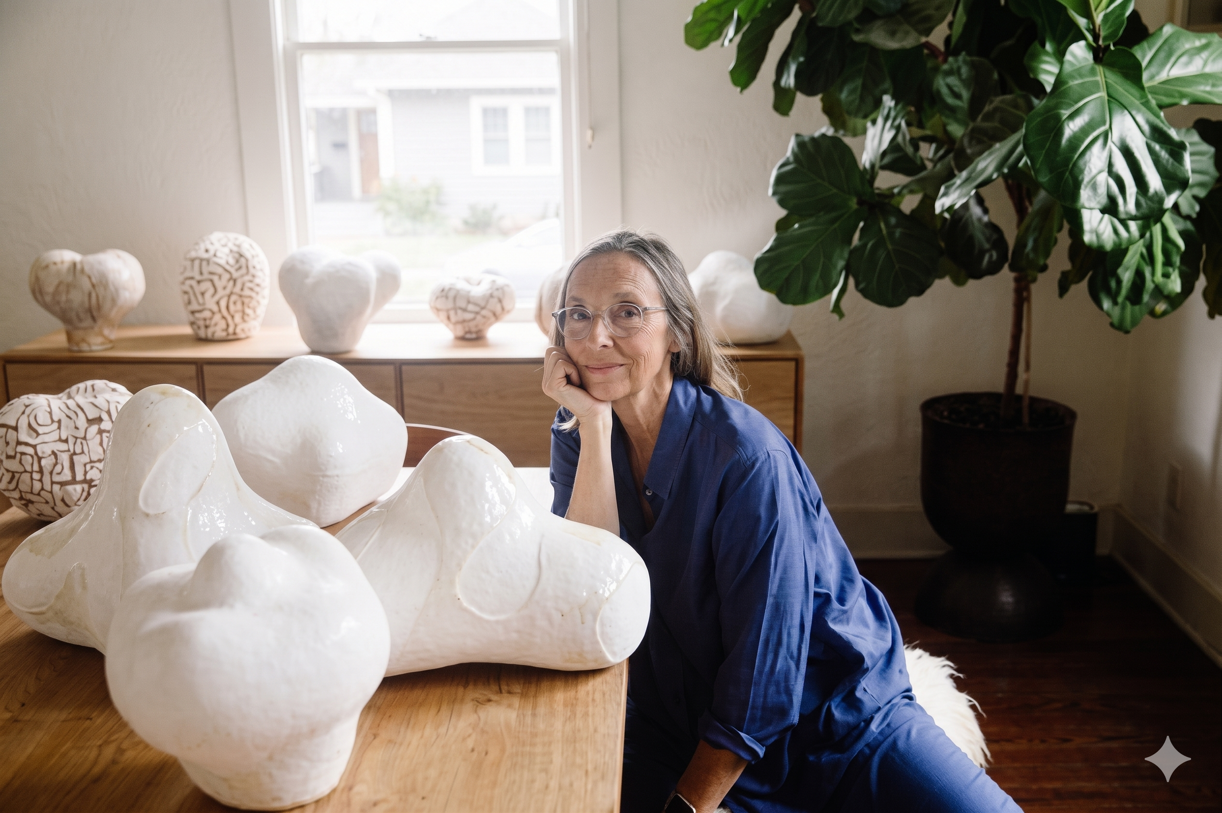 A woman with glasses and blue clothing in a room with large pots and a plant, posing next to a table with abstract white sculptures.