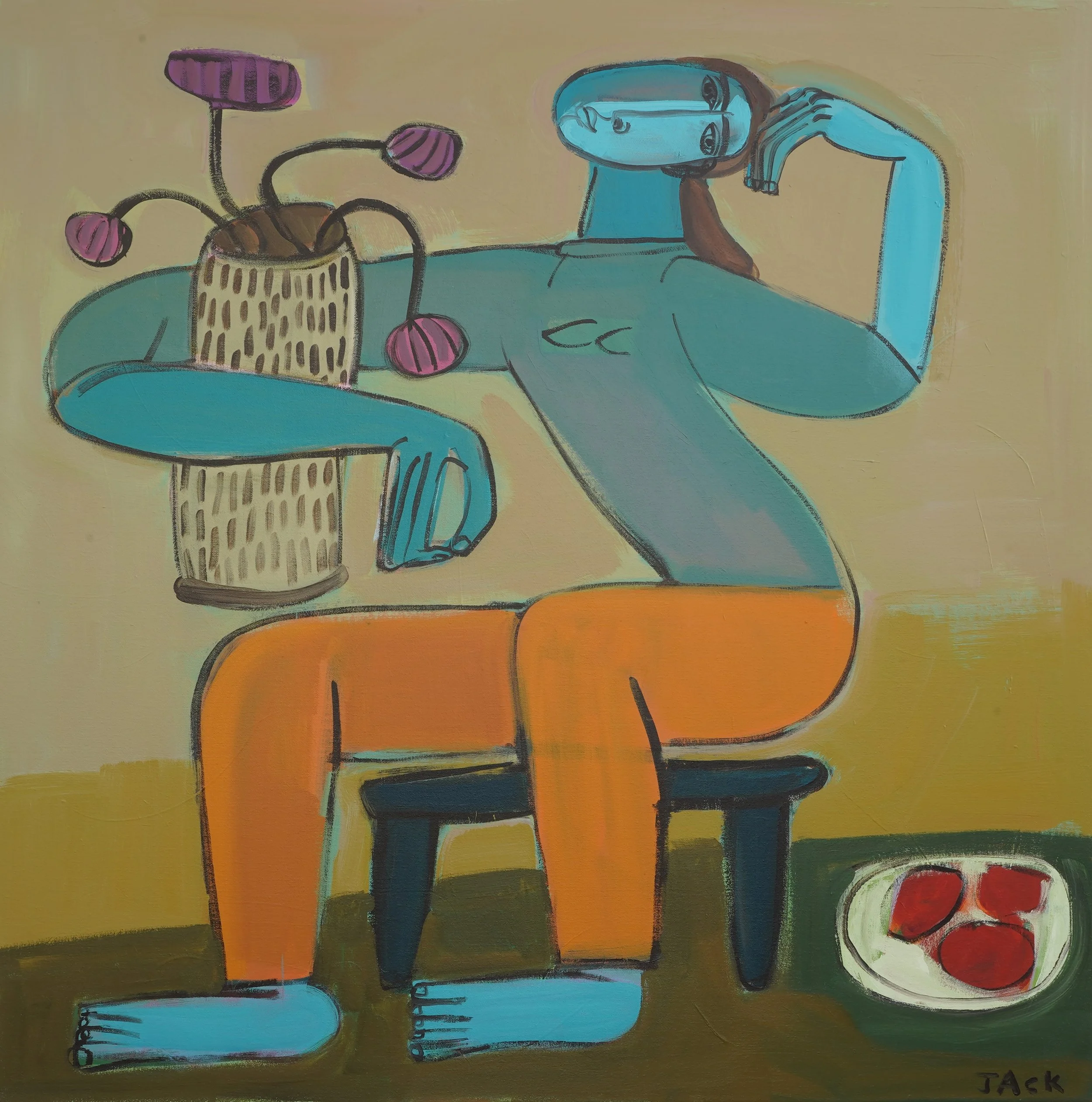   Available
  Rebecca Jack
  "Woman with Purple Flowers" 
  40x40
  acrylic oil on canvas