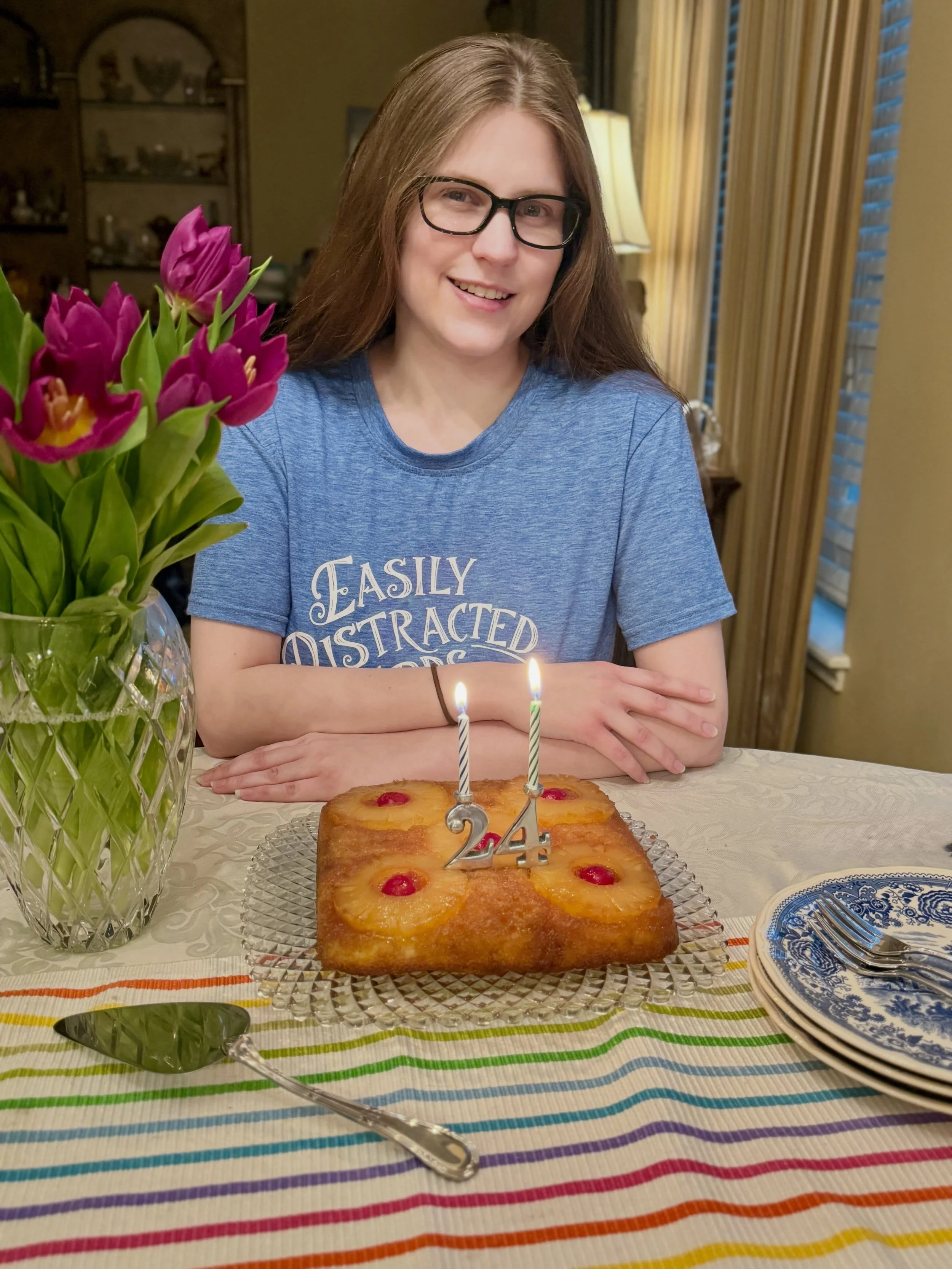 Celebrating Mary Catherine&rsquo;s 24th birthday! 🎉 Her favorite nostalgic cake from the 1968 Better Homes &amp; Gardens cookbook, served up on vintage LE Smith Diamond glass. A sweet celebration filled with tradition, cake, and candlelight. #birthd