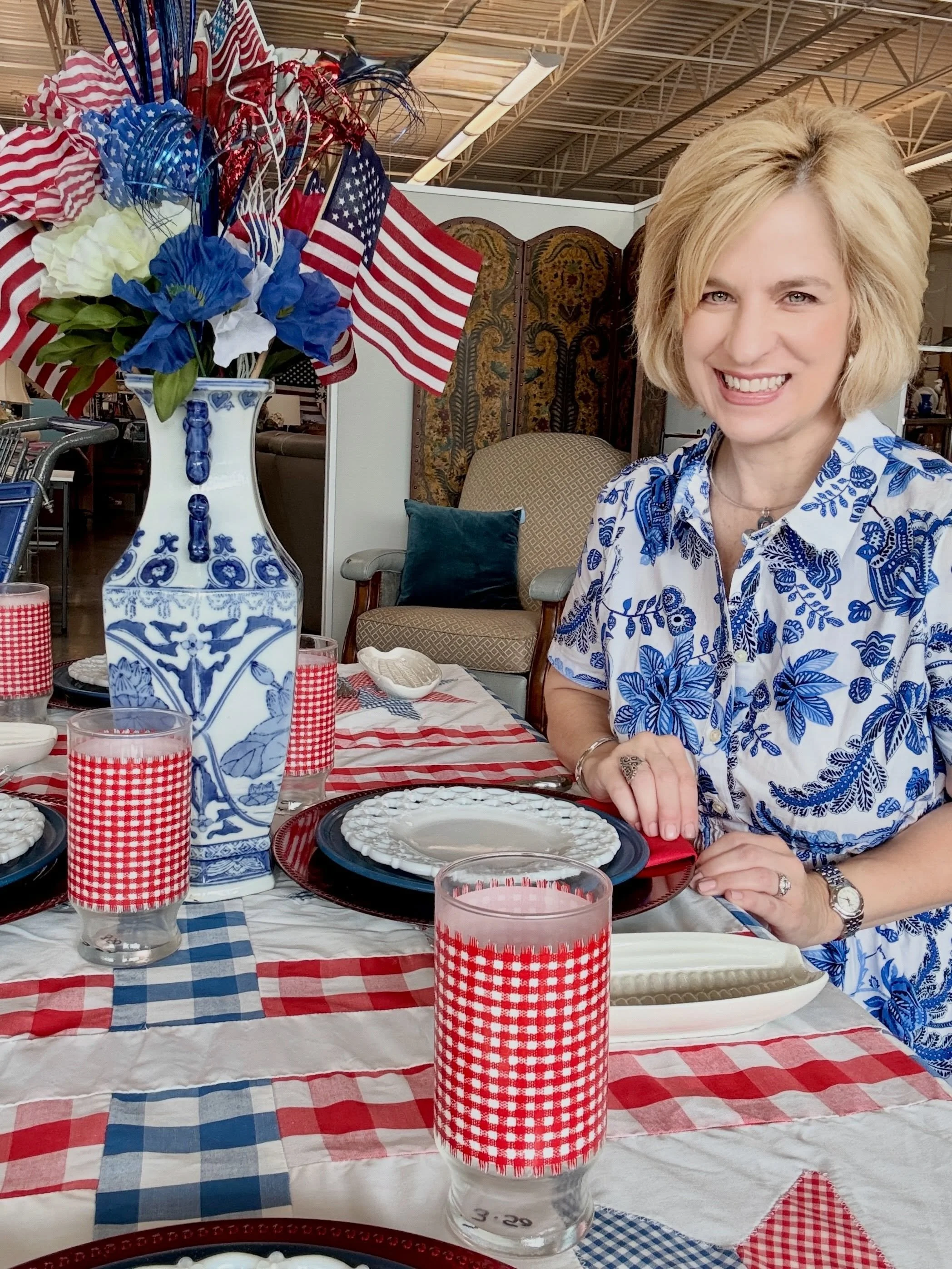 Patriotic feels today while filming the MAM Resale store reset. 🇺🇸✨ Firecracker deals, festive finds, and hidden gems around every corner. Here&rsquo;s a sneak peek at this Americana-inspired table setting &mdash; perfect for summer celebrations an