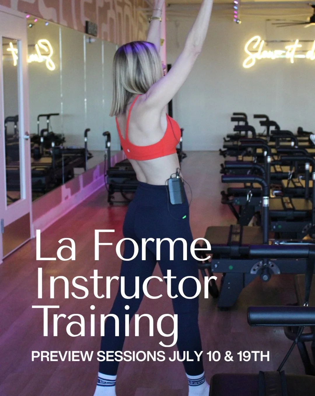 Before you invest in the training, come feel it.

Two dates in July. Thirty minutes on the reformer with La Forme founder, Erin. Then fifteen minutes of real talk: the training, the method, what it actually looks like to teach here. All you need is c