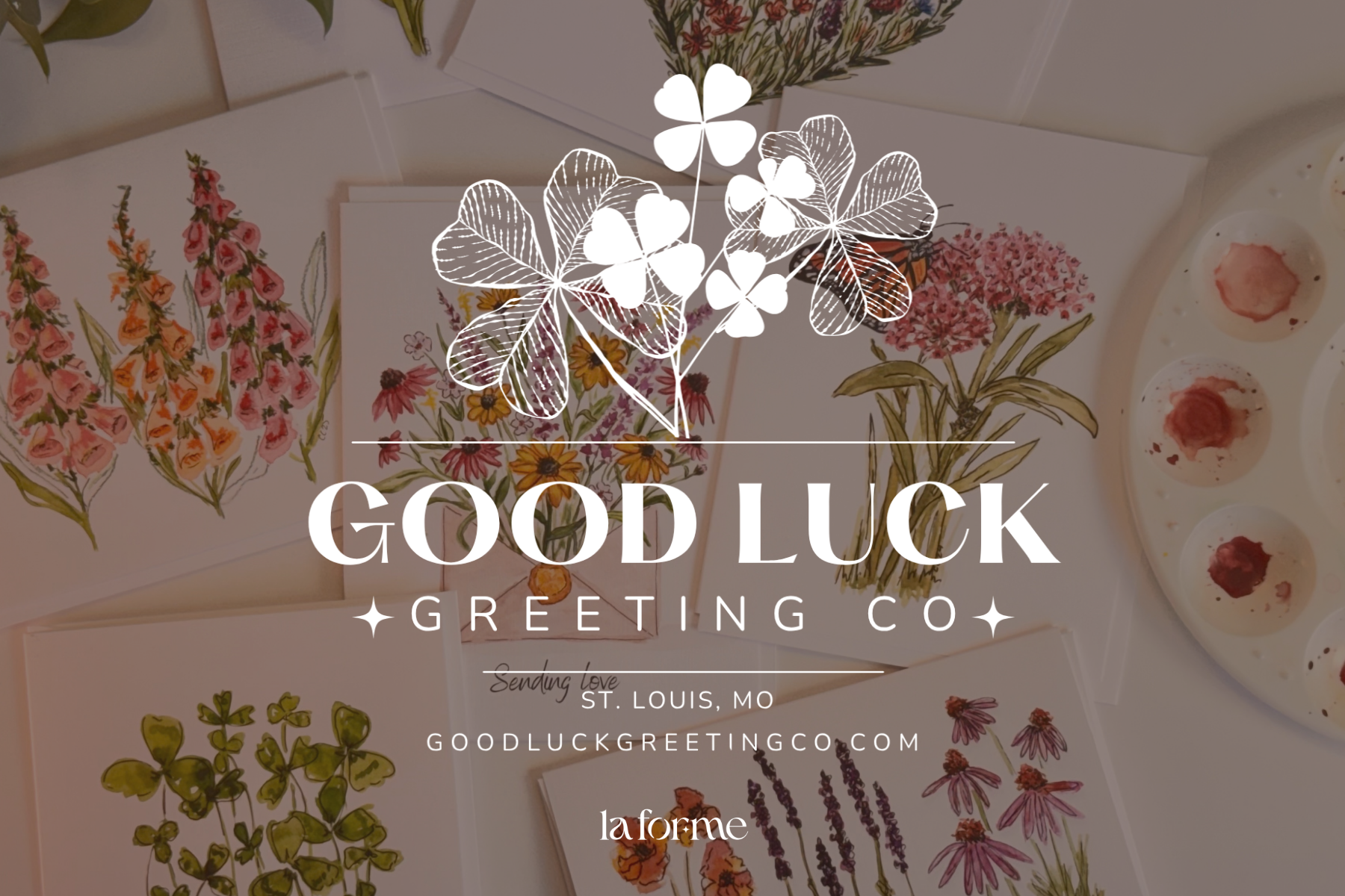 Good Luck Greeting Co. watercolor greeting cards pop-up at La Forme Pilates in Des Peres, St. Louis