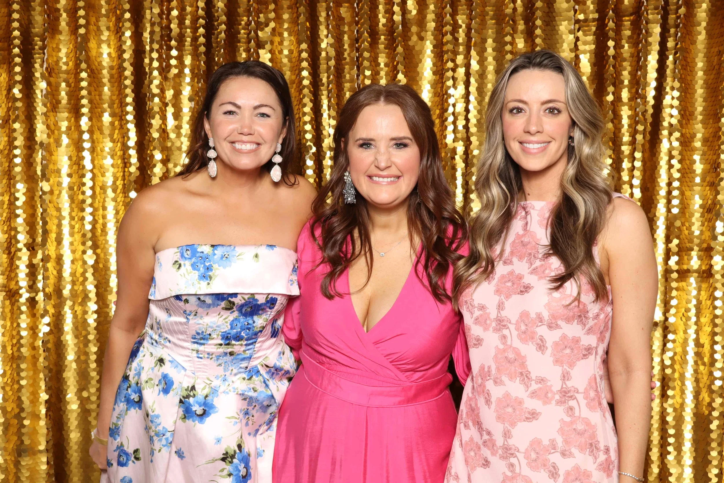 morgan stanfield pettigrew and friends at glitz gala in front of gold sequin backdrop