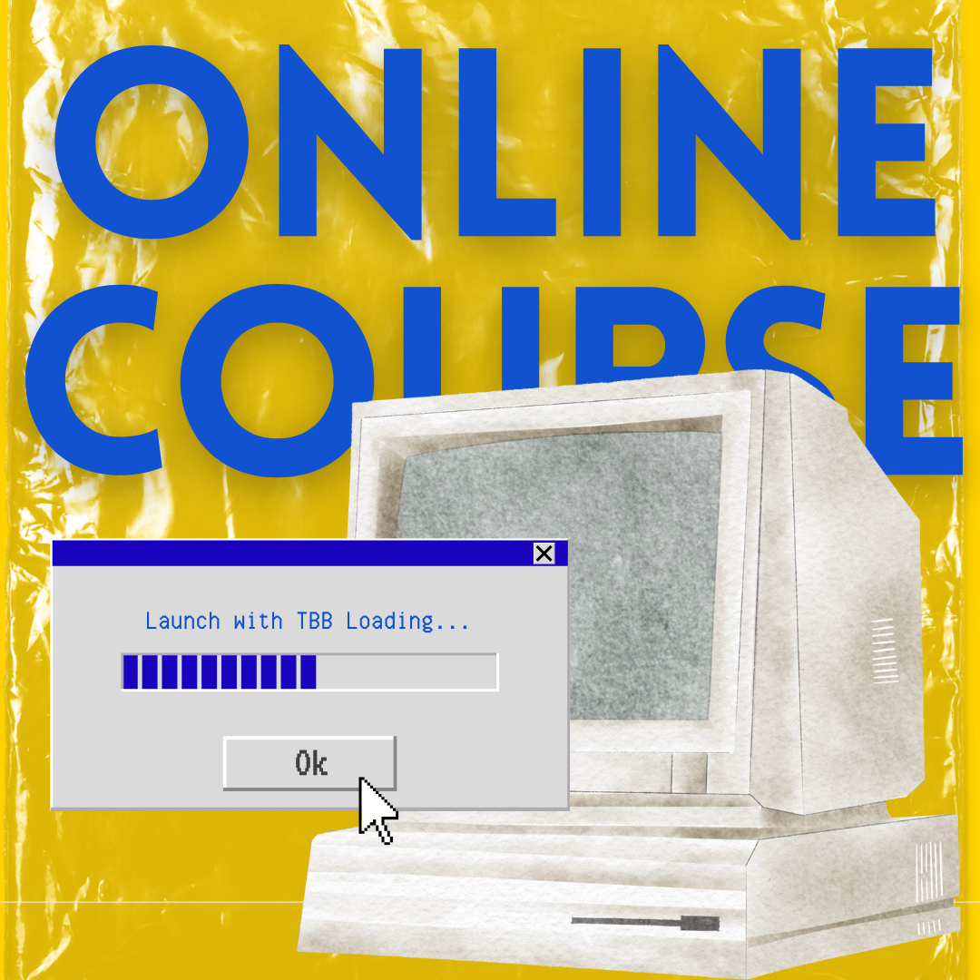 Online course promotion with old school computer and loading graphic