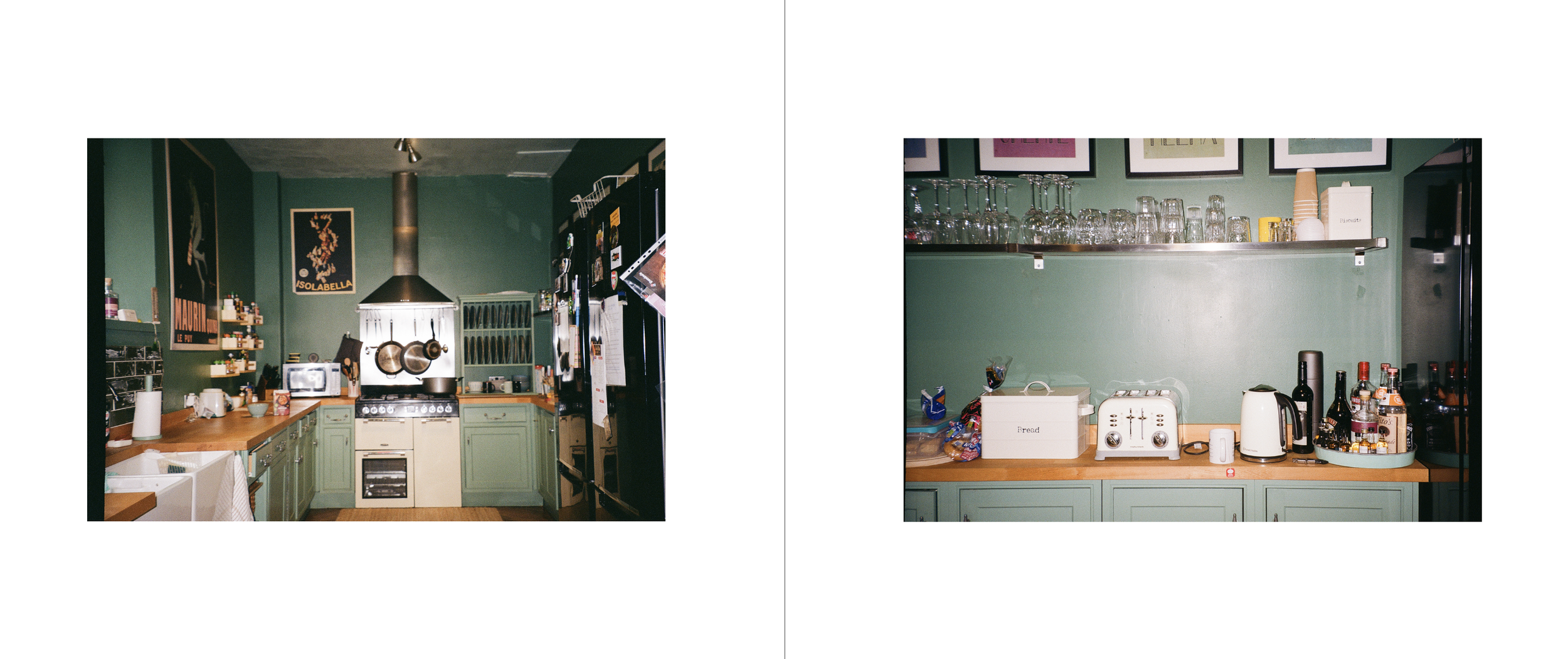 Side-by-side photos of a kitchen with green cabinets and wooden countertops, featuring various appliances and kitchenware on the counters and shelves.