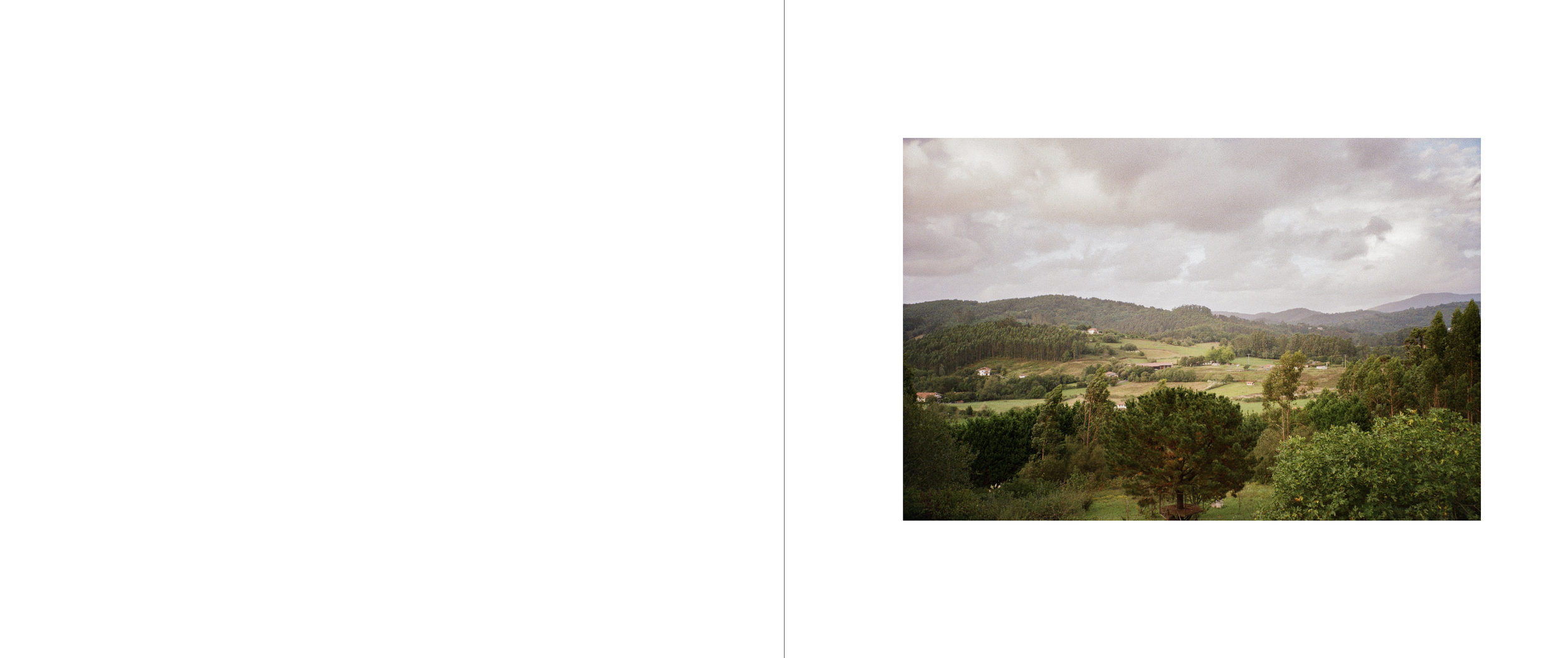 Scenic landscape of rolling green hills with trees, houses, and cloudy sky.