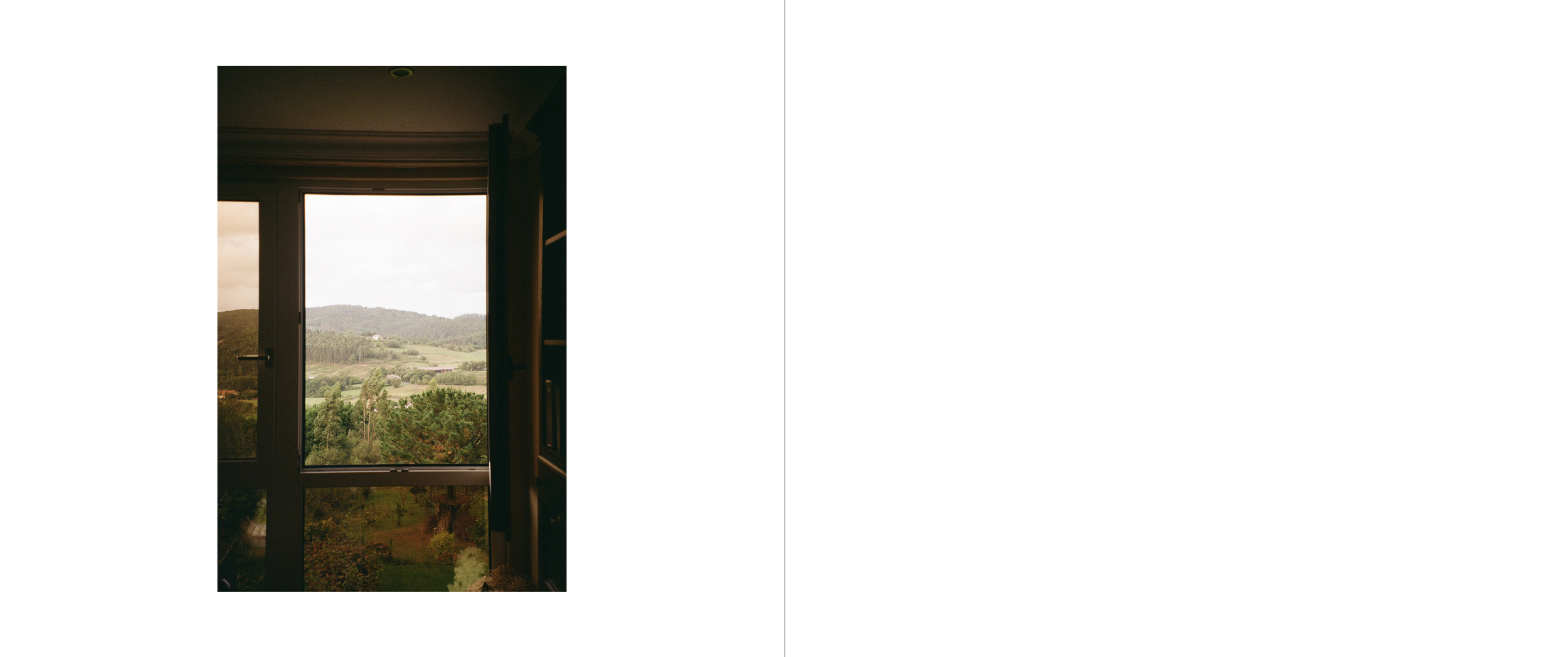 View through a window showing a rural landscape with green hills and trees under a cloudy sky.