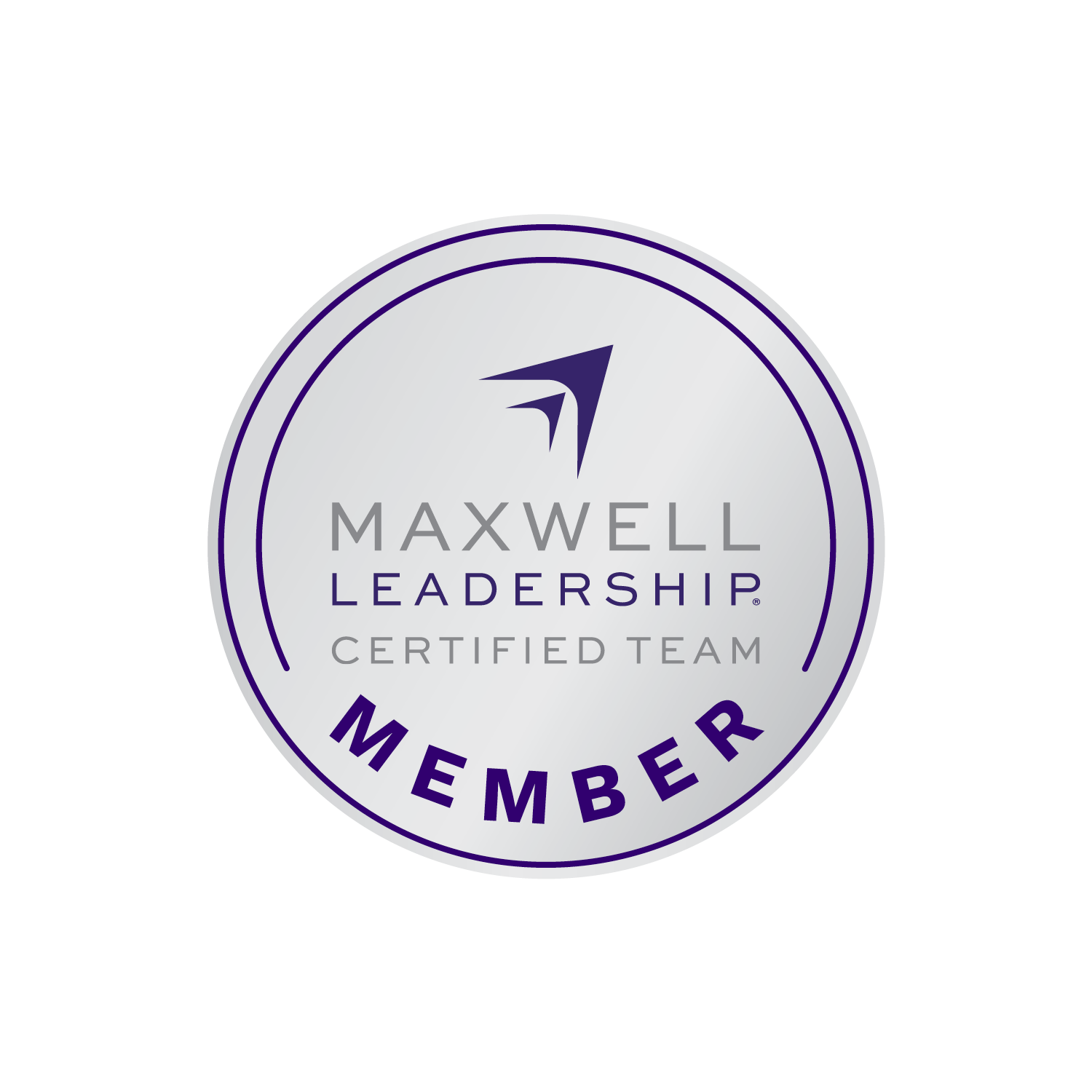 Maxwell Leadership Certified Team member badge with a circular design, featuring a stylised arrow logo, purple and gray colors and text that reads 'Maxwell Leadership Certified Team Member.'