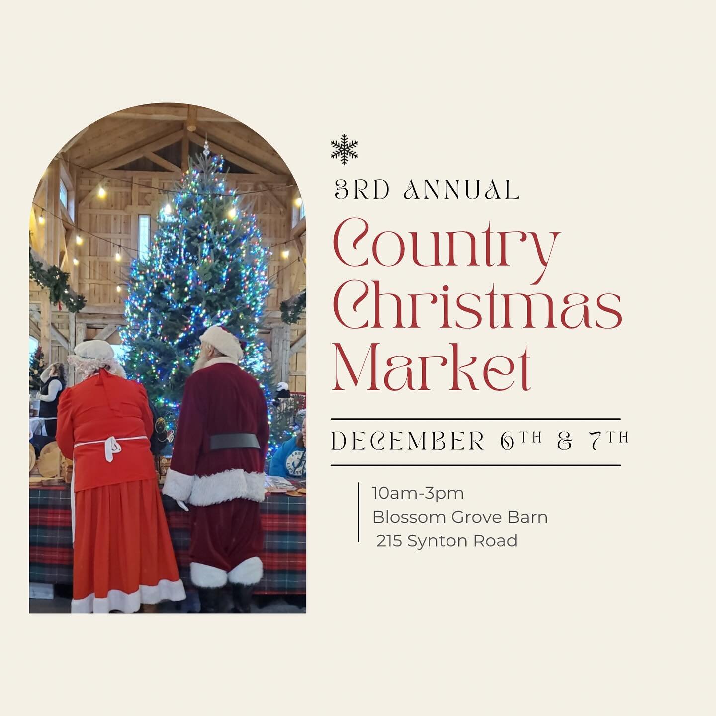 Join us for our Country Christmas Market, December 6th &amp; 7th from 10-3pm!

🛍️ shop over 25 local artisans 
🎅🏻 private visits with Santa &amp; Mrs Claus in the loft 
🐴 visit the petting farm 
🎄 pick your Christmas tree
☕️ enjoy a cup of hot c