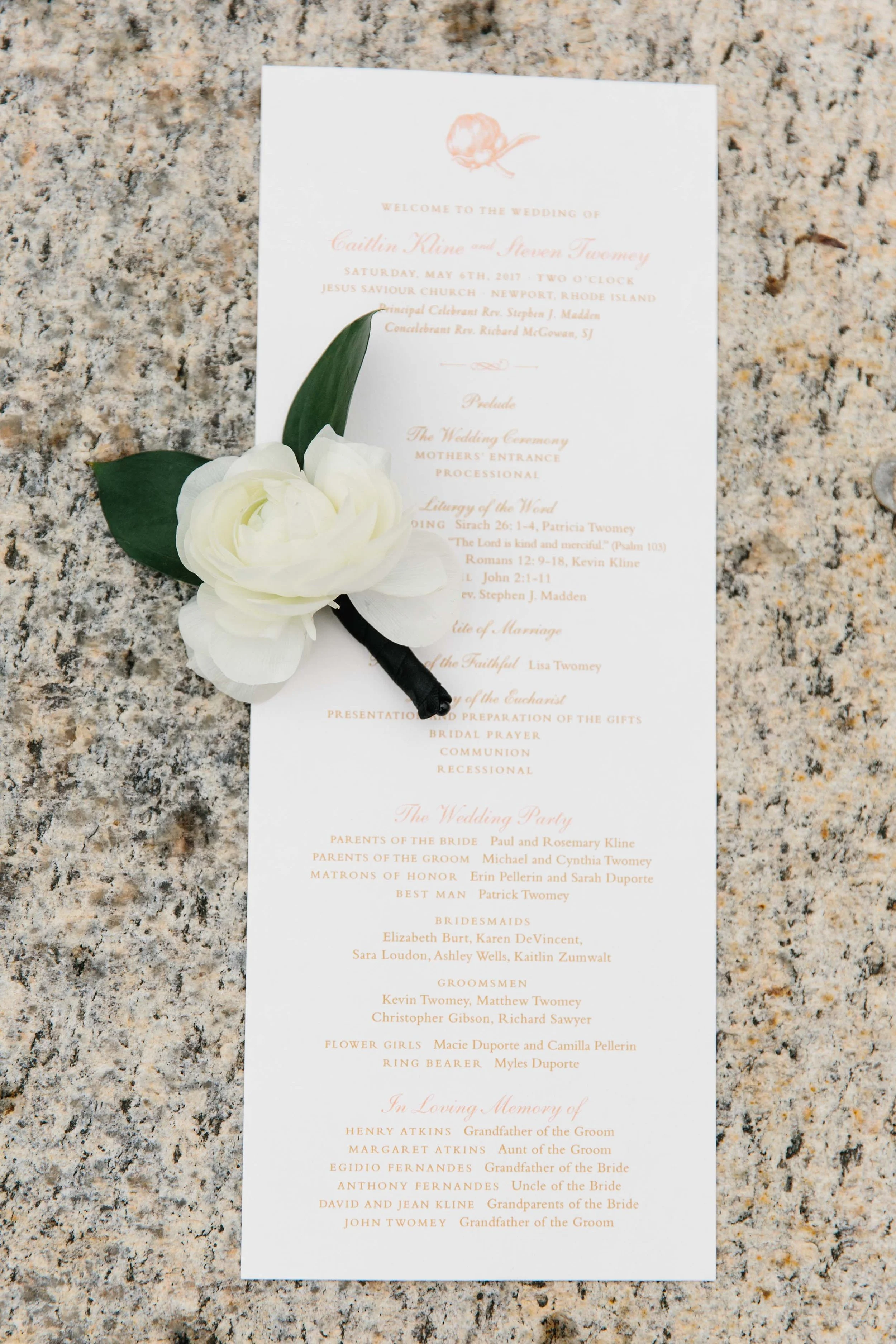 Romantic wedding program by Sweet Penelope featuring a pink rosebud