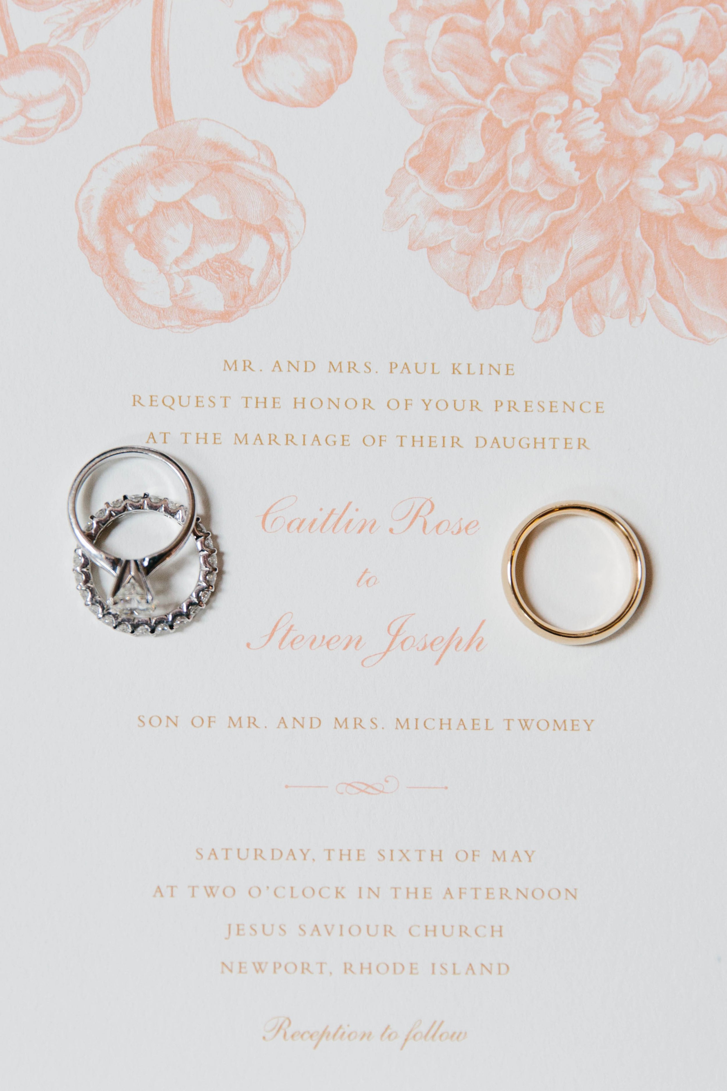 Romantic invitation by Sweet Penelope featuring pink and gold summer flowers - roses, hydrangea.