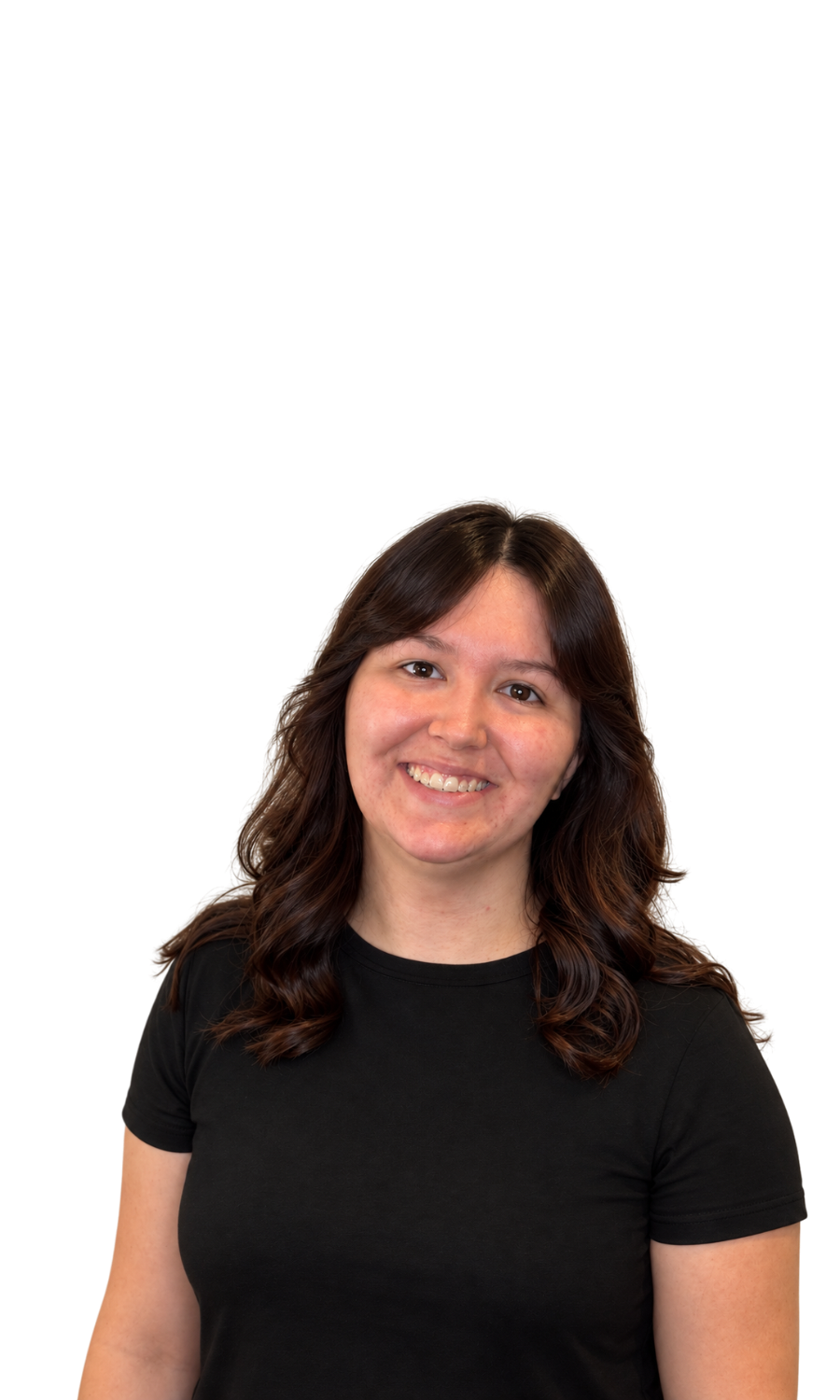 A young woman with shoulder-length brown hair, smiling, wearing a black t-shirt, against a black background.