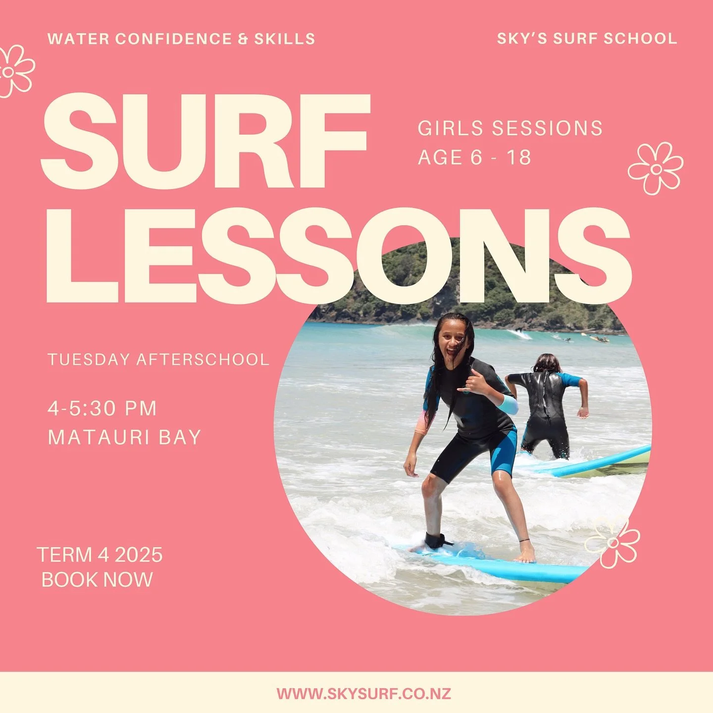 A reminder our Girls Afterschool Surf Lessons are back for Term 4 😀🏄&zwj;♀️🌺
Tuesday afternoons 4-5:30 PM Matauri Bay 

Join us for a term of surfing, skills and confidence 💕🌊🌸 

Book now: www.skysurf.co.nz 

#surf #nzsurf #girlsurf #skysurf #s