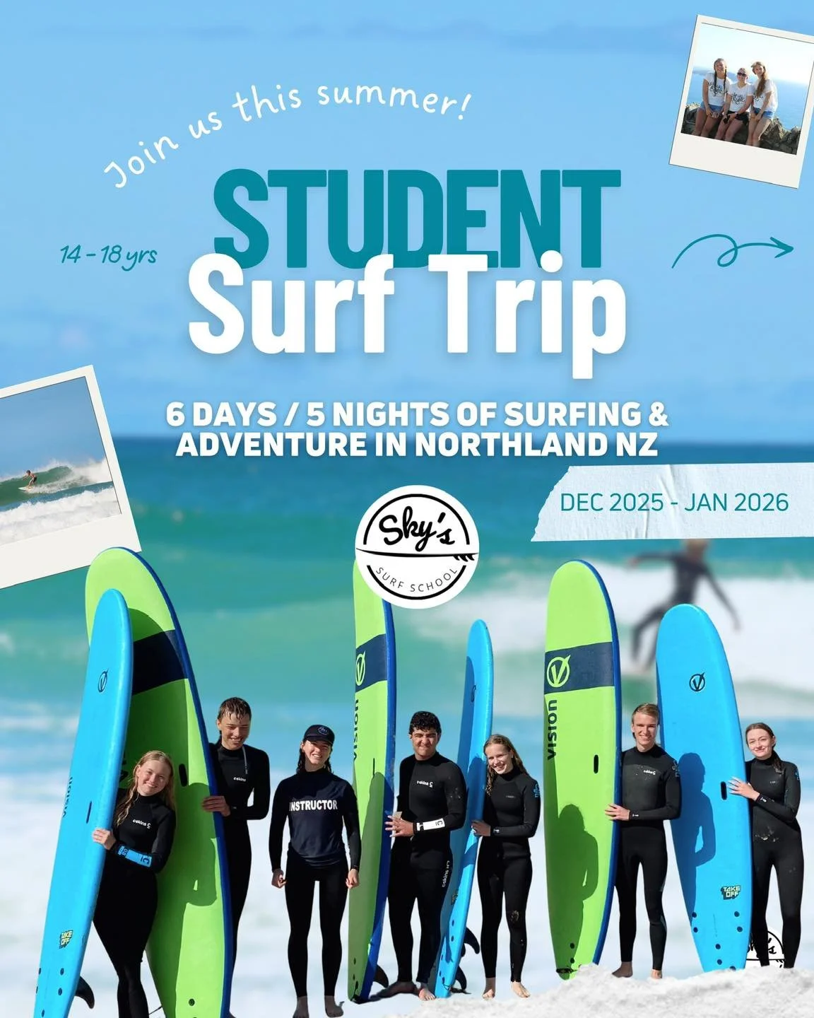 Join us for a 6 days / 5 night surf trip of epic surf sessions, beach adventures, and memories that'll last a lifetime 🌊🏄&zwj;♀️ The Ultimate Kiwi surf adventure !! 

Ages 14-18
Perfect for international &amp; kiwi students
📍Northland, NZ

Level u