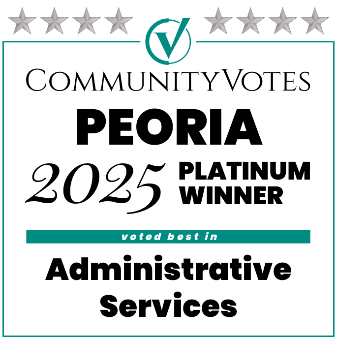 Platinum winning award badge 2025 CommunityVotes Peoria IL Administrative Services – Henderson VA recognized for highest ranking Virtual Assistat administrative services.