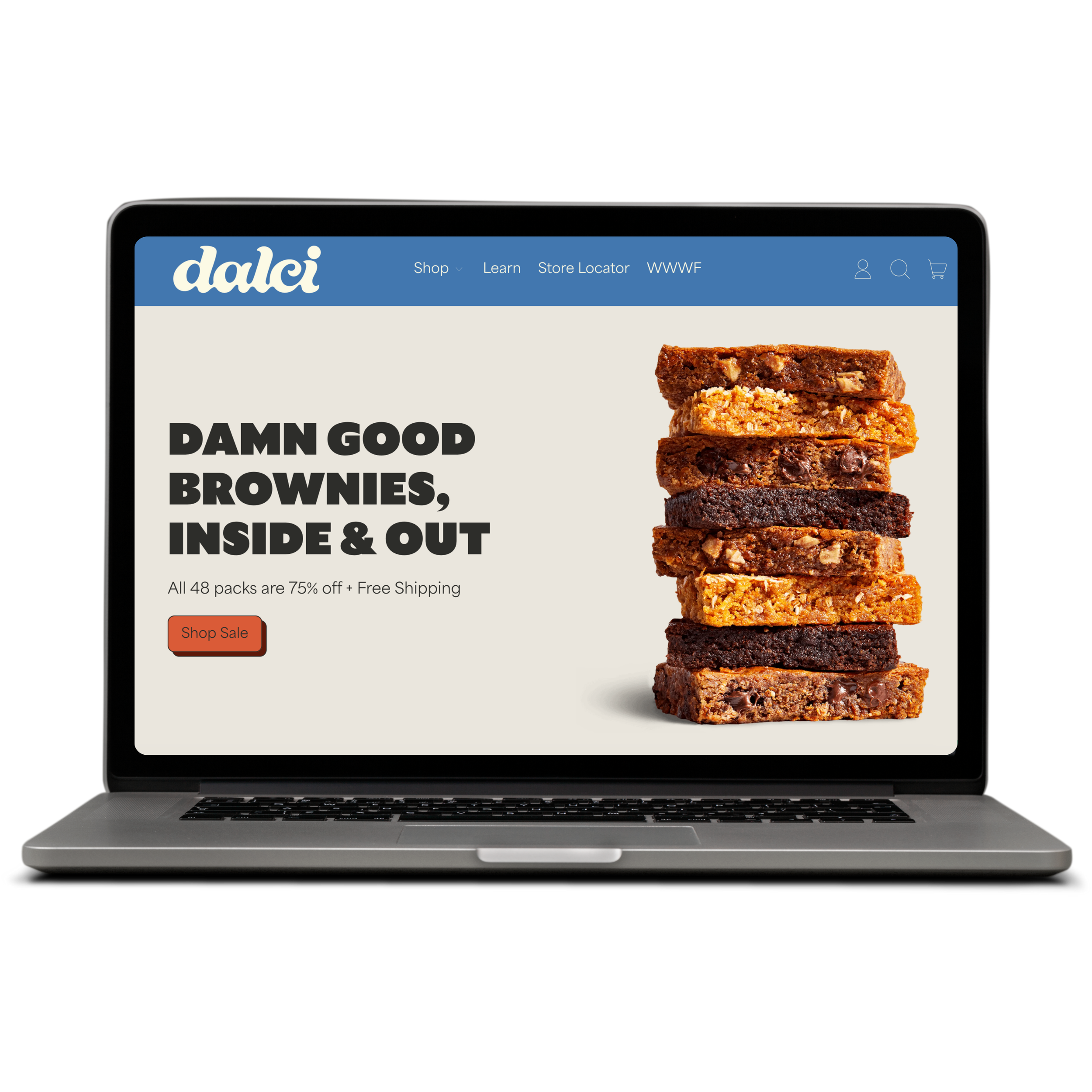 dalci website, home page hero image with brownie and products for sale.