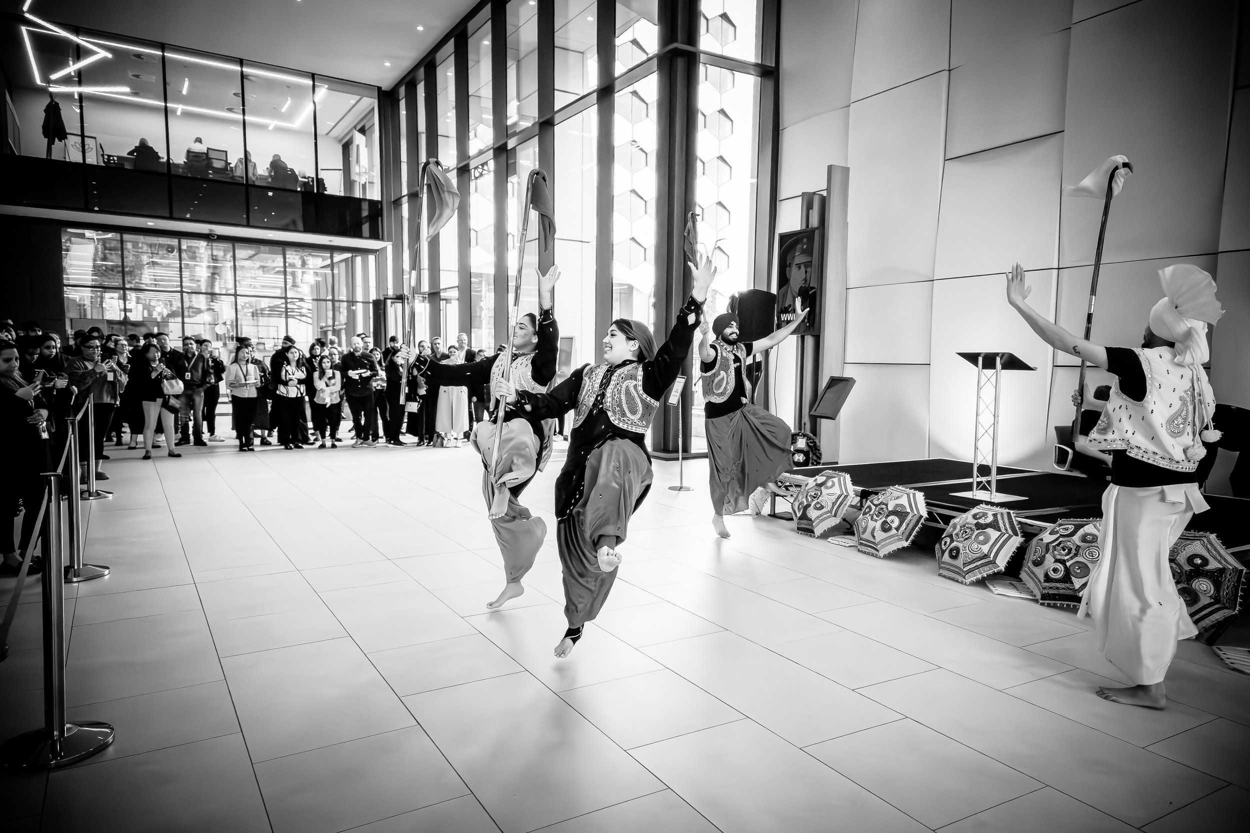 Ultimate Bhangra began their set by performing 'Bhangra', a folk dance from the Punjab region of India and Pakistan.