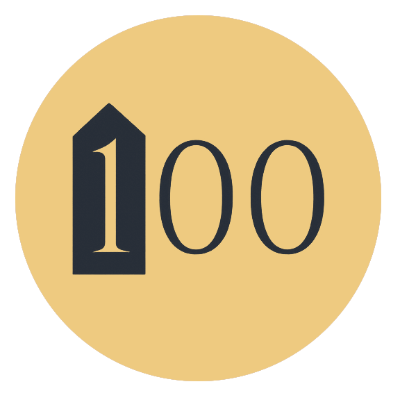 A round, beige-colored logo with a stylized black house icon and the number 100 inside it.