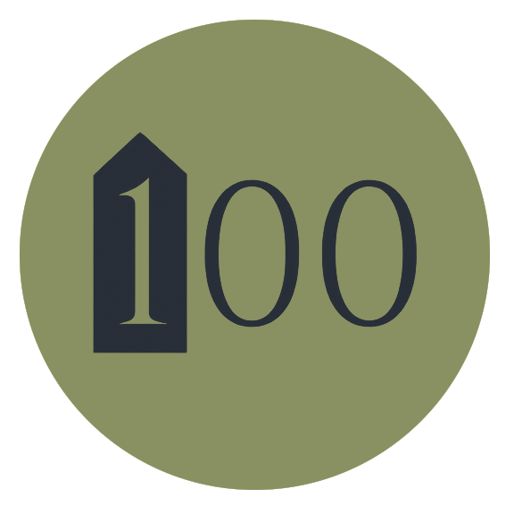 A circular badge with a green background displaying a large black number '100' in the center.