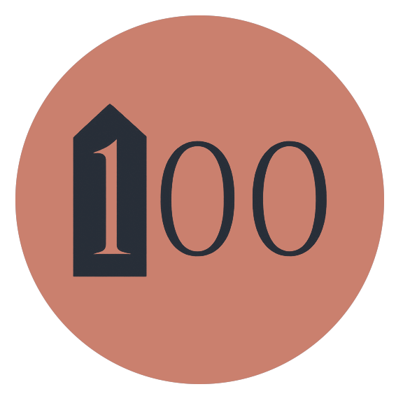 Social media badge with the number 100 inside a brown circle.