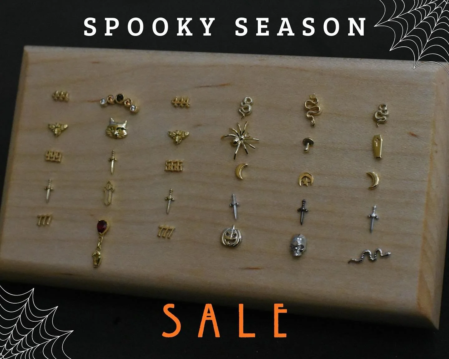 Celebrate the season with a treat! Enjoy 15% off my favorite spooky gold jewelry pieces until October 31st 🎃✨ 

Whether you're getting a new piercing or changing out jewelry, this is the perfect opportunity to pick up a new piece- because real ones 