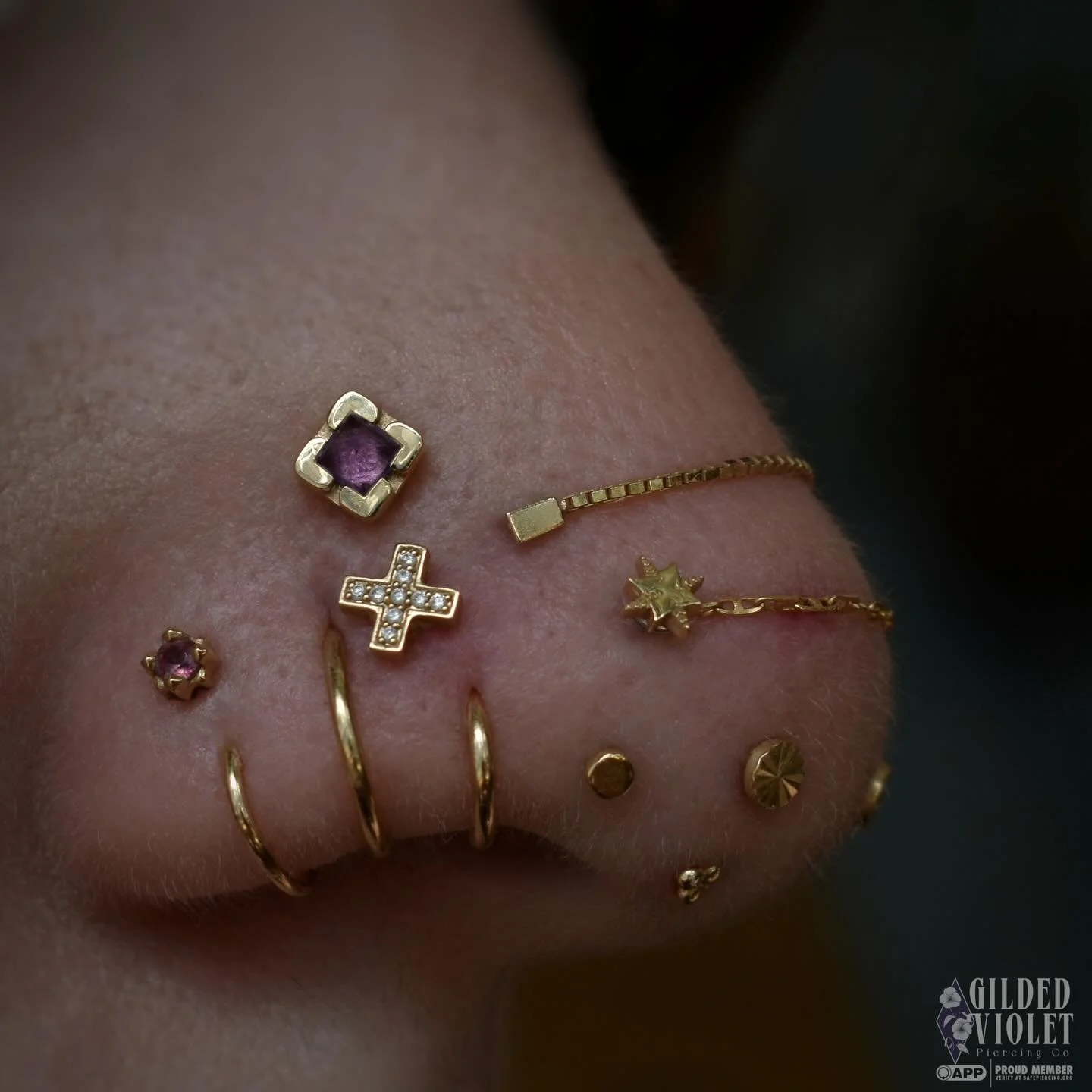 My own maximalist nose curation - 22 perfectly healed nostril piercings (mostly by me) wearing all yellow gold and genuine stones✨ That's gotta be a record, right? 
The chunky amethyst is truly the star of the show, accented by diamonds and pink tour