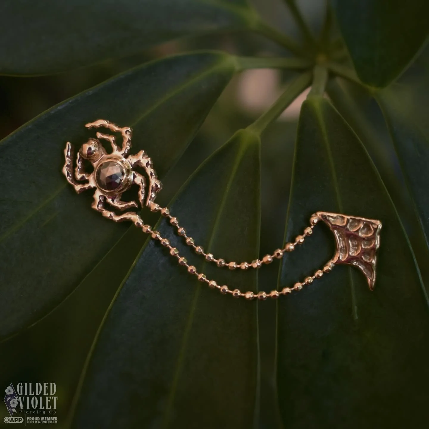 This spider and web are just waiting for one of my spooky babes to take them home 🕷️🕸️ 
Spiders not your vibe? Swipe to see the insane solid gold dangly chains and squiggles ➡️ 
.
.
.
#gildedvioletpiercing #plumehandmadejewelry #spider #goldchains 