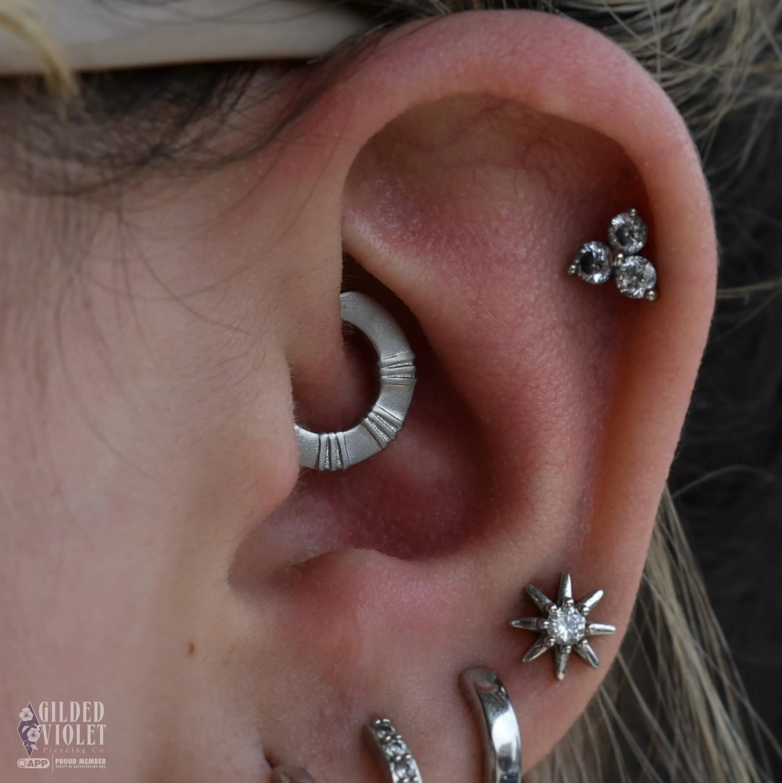 Not all treasure is buried beneath the sands, sometimes it's in a daith piercing ✨ this daith I pierced last year fulfilled the prophecy (aka got a cool upgrade) with this "Dunes" clicker
.
Other piercings not by me!
.
.
.

#gildedvioletpie