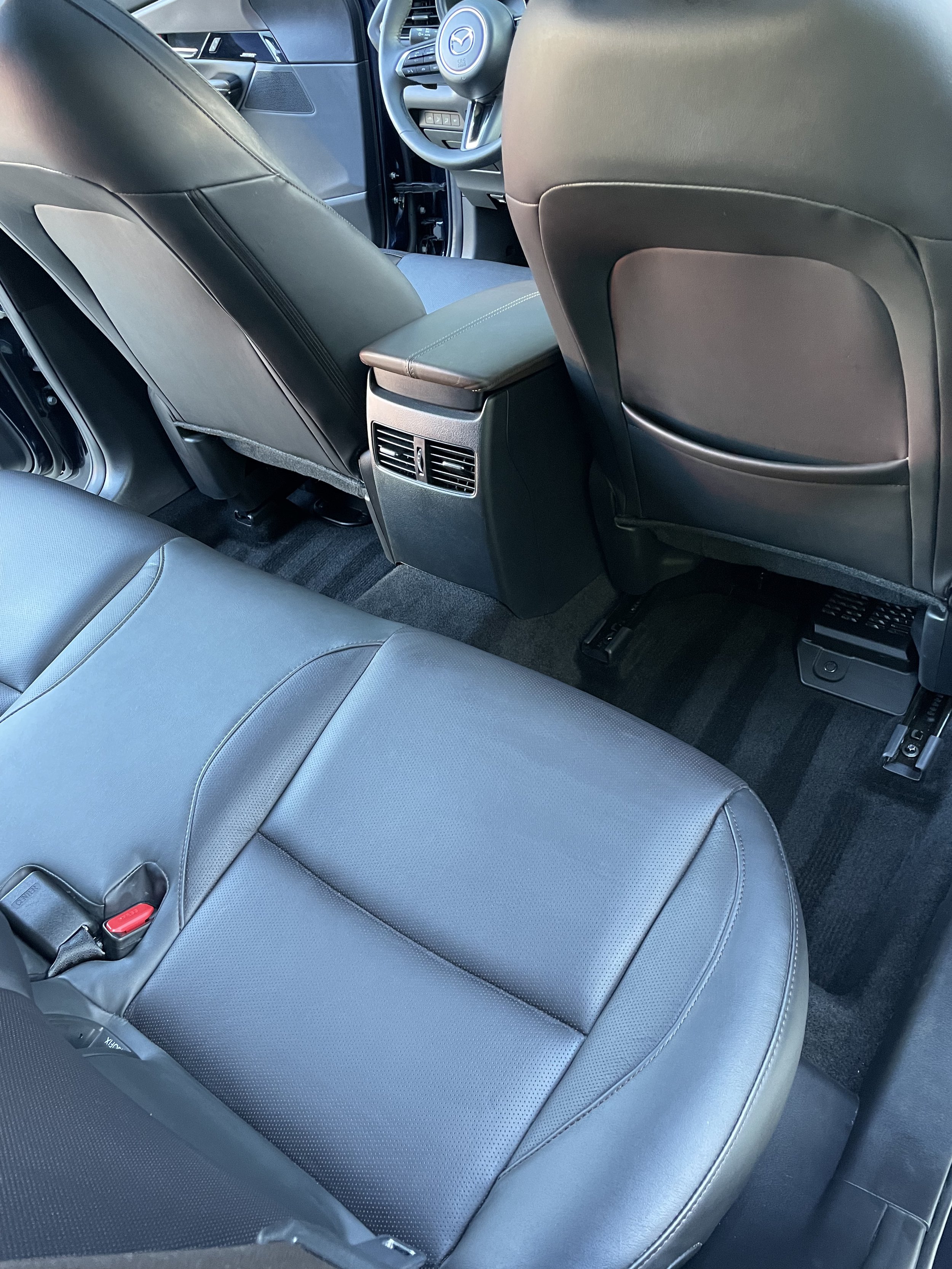 Interior of a car showing backseat and front seats with leather upholstery, center console, air vents, and steering wheel visible.