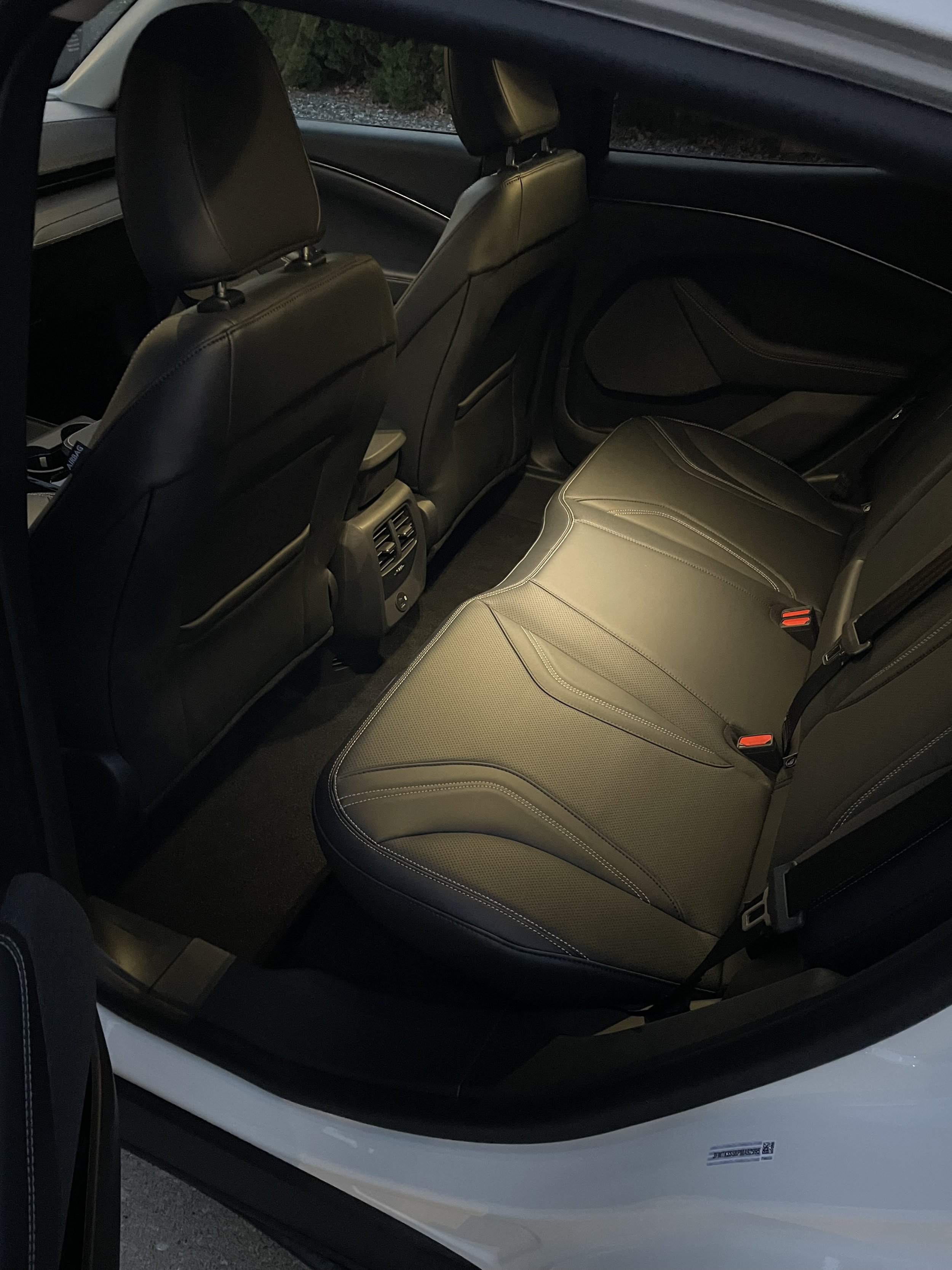 Interior of a car showing rear leather seats and front seatbacks