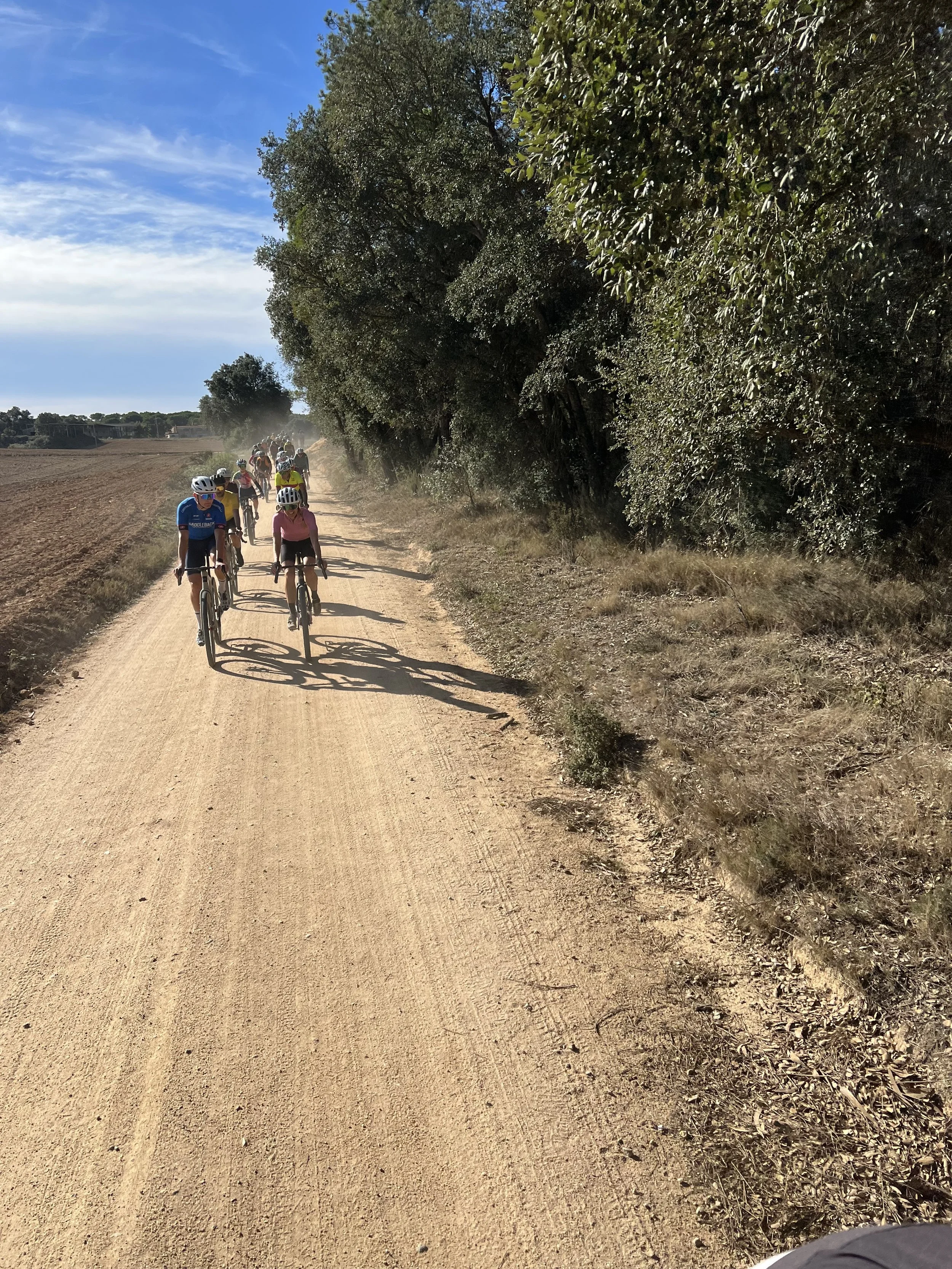 A group of cyclists riding on a dusty dirt road with trees on the side under a blue sky.