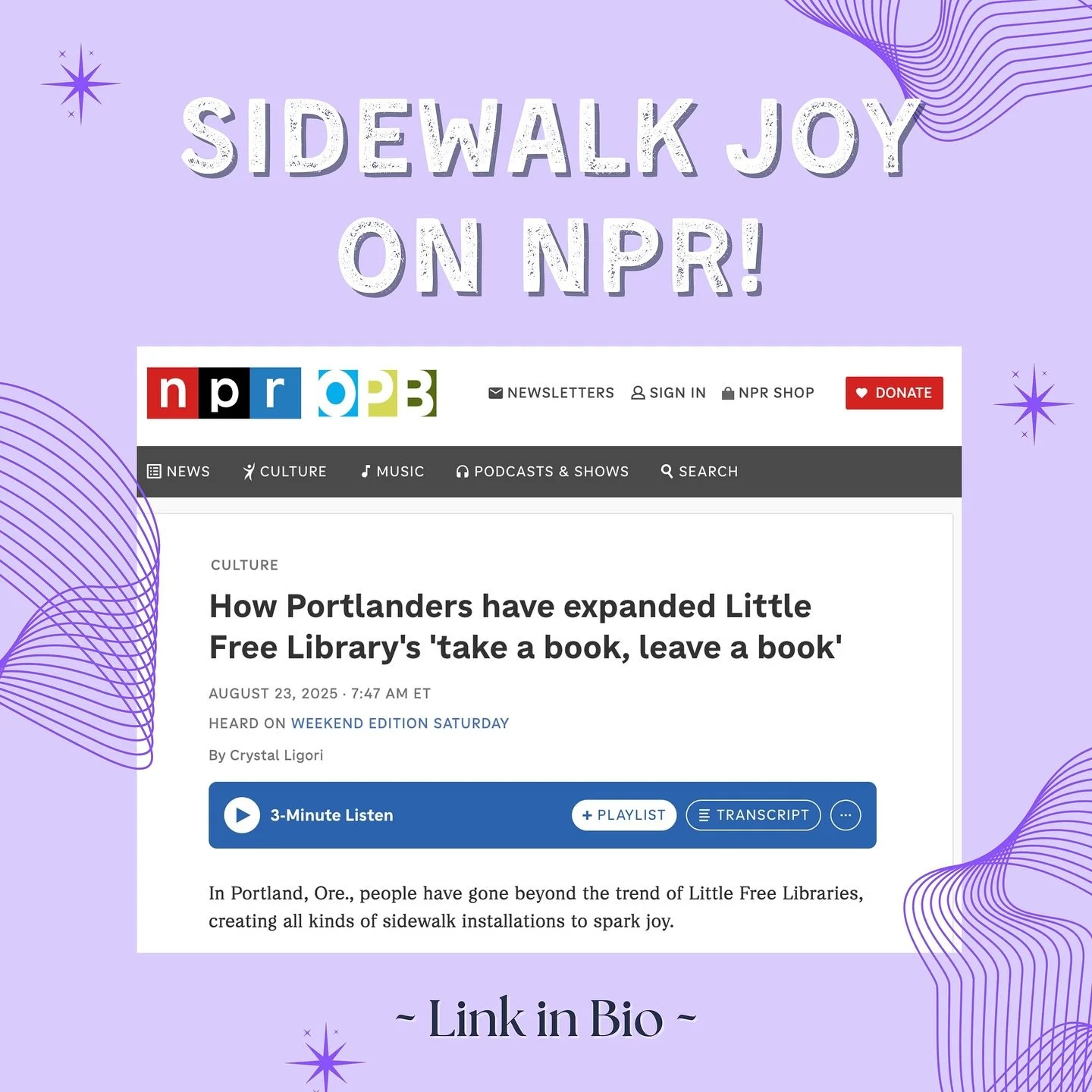 Still pinching myself! Crystal Ligori did a fabulous feature on Sidewalk Joy for @opbphoto and it was picked up by @npr airing on @nprweekend last Saturday and @hereandnowradio this morning! 
Thank you to Crystal and the whole team! I hope this stor