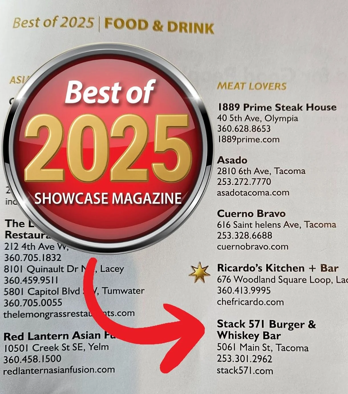 🔥 BIG NEWS, TACOMA! 🔥 Stack 571 was nominated for Best of 2025 in the Meat Lovers category in Showcase Magazine.
We’re so honored to be recognized. Thank you! 🍔💚
👏 Shoutout to the other nominees. All amazing places!!
@1889prime
@asado_t