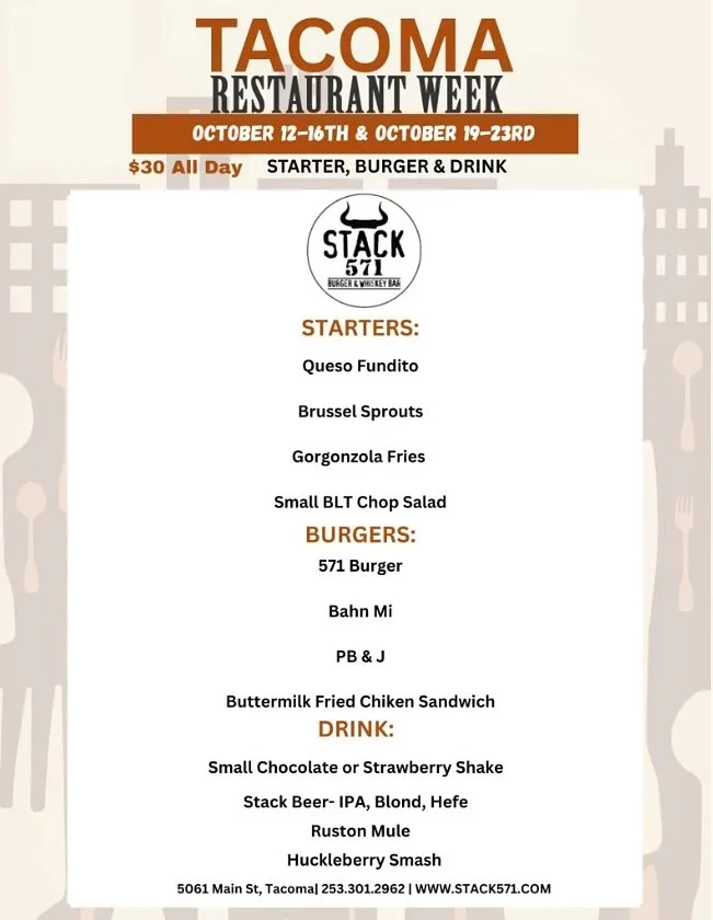 🍔 Stack 571 is joining forces with Tacoma Restaurant Week for the first time! 🍔
From October 12–16 & October 19–23, enjoy an unbeatable $30 deal: a starter + burger + drink!
✨ Starters: Queso Fundito, Brussels Sprouts, Gorgonzola