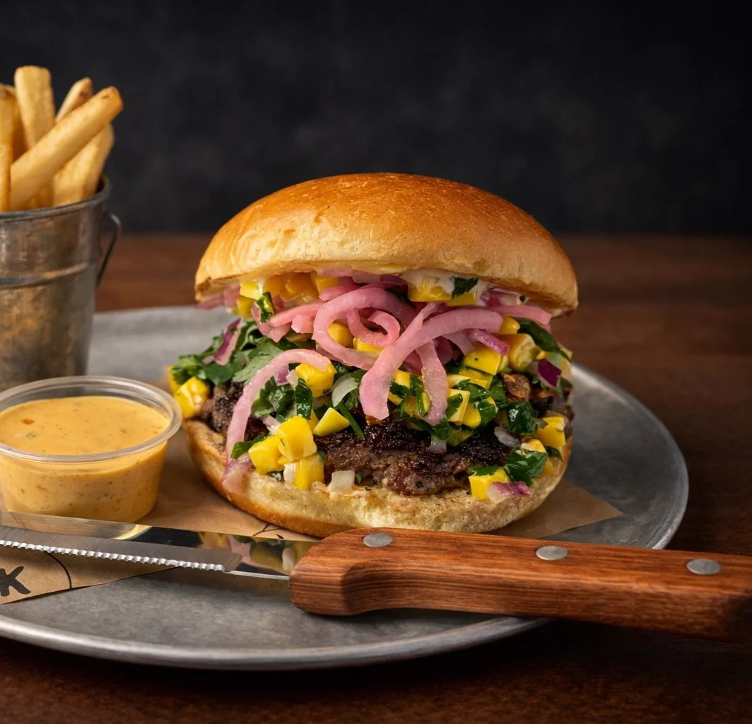 January just got hotter. 🌴🔥 Meet the Burger of the Month: Jerk Burger

It starts with a smashed, juicy beef patty seasoned with bold Caribbean jerk spices, griddled to perfection and topped with tender, jerk pork. Sweet mango salsa and fresh cilant