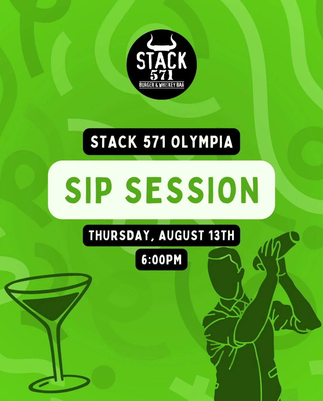 Hey Olympia! Ready to shake things up? 🍸

🥃 Sip Session at Stack 571 Olympia &mdash; August 13th!!

Grab your friends and join us for a hands-on cocktail class where you&rsquo;ll learn to mix, shake, and stir like a pro (or at least impress everyon