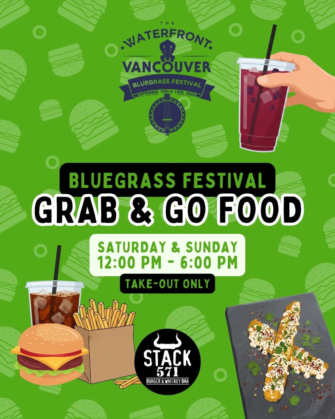 🎶🍔 Bluegrass &amp; Burgers!!

Heading to The Waterfront Vancouver Bluegrass Festival this weekend? Swing by Stack 571 and grab some festival fuel to-go! 🤠🎻

🍔 $10 &mdash; 571 Cheeseburger Box Burger + fries + a drink

🌽 $5 &mdash; Street Corn

