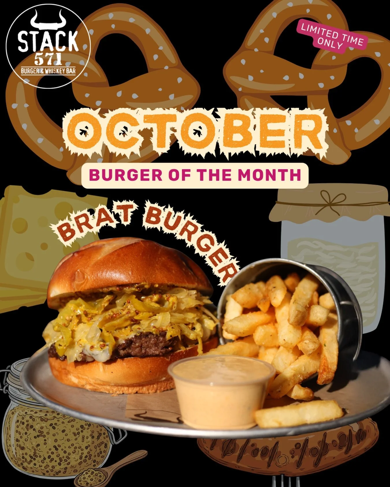 Meet the Brat Burger 🍺🥨 &mdash; an Oktoberfest-inspired creation featuring our juicy beef &amp; bratwurst blend patty, melted Swiss cheese, bourbon caramelized onions, tangy kraut, and stone-ground mustard, all piled high on a toasted pretzel bun. 