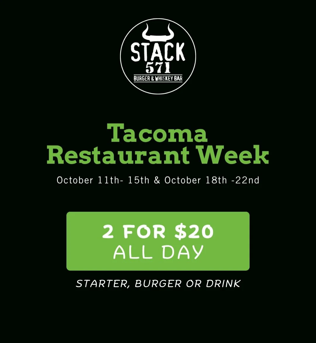 🎉 Tacoma Restaurant Week is on... And so are we. 👏

✨ 2 for $20. ALL DAY. ✨
Pick any two: starter, burger or drink.

🌽 Street corn
🧅 Beer-battered onion rings
🧀 Gorgonzola waffle fries
🥗 Chopped blue wedge

🍔 571 Burger with cheese
🍔 Bahn Mi
