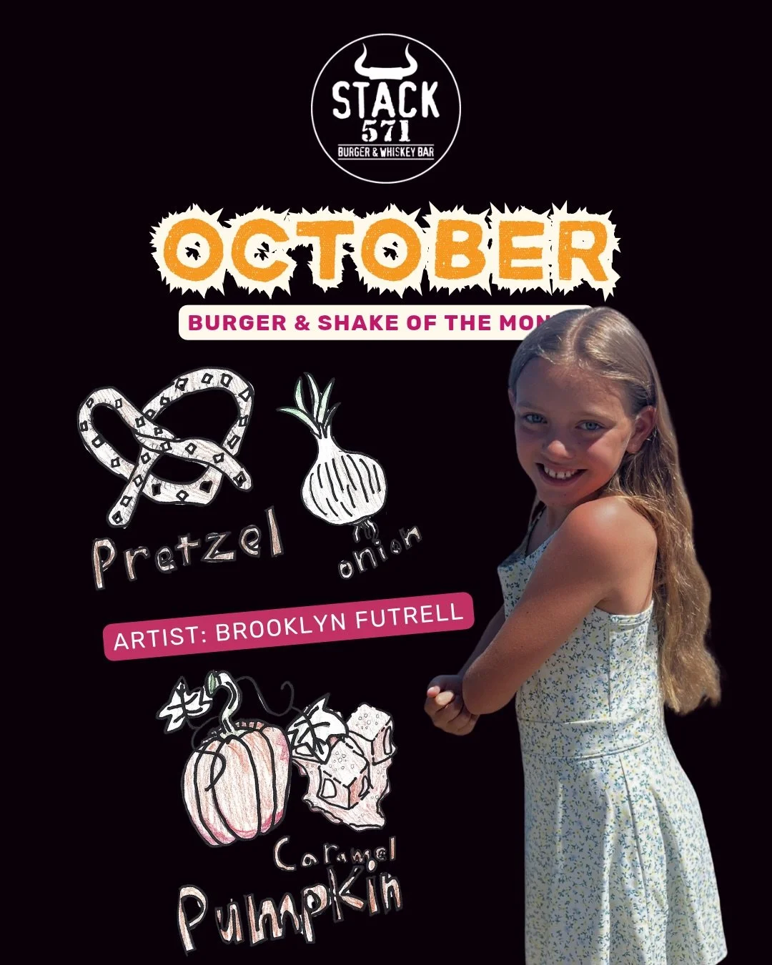 Meet the artist behind this month&rsquo;s Burger and Shake of the Month poster. 🎨

That&rsquo;s Brooklyn Futrell. Her drawings are so sweet and special! So much detail😍🍺🥨🎃

Her masterpiece paints a picture for our two October heavy hitters:

The
