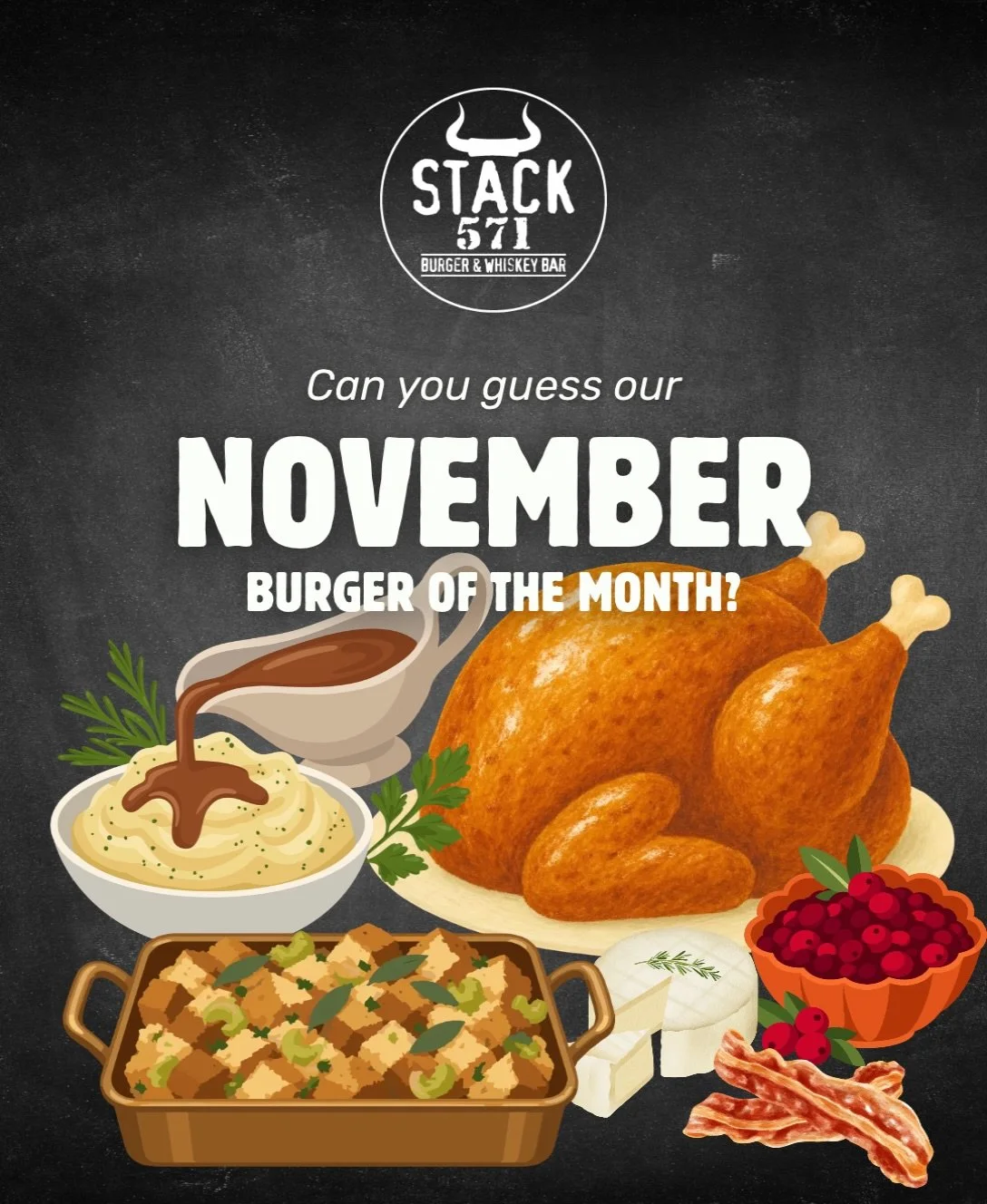 November BOM loading... 🍔🍂🦃 
🍽️ Hint: it&rsquo;s the guest of honor at every family dinner in the next few weeks, and it brought all its sides. What&rsquo;s your guess? Drop it below. 👇

.
.
.

#stack571 #burgerofthemonth&nbsp;