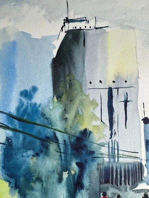 Upper part of cityscape with skyscraper and moody sky in loose watercolor style
