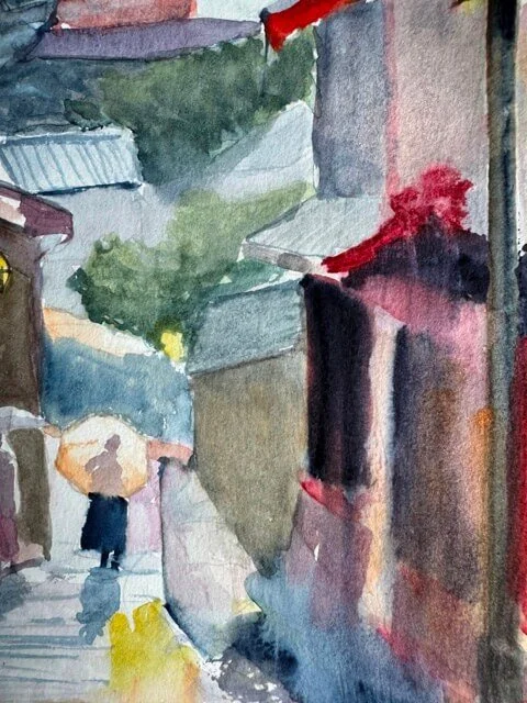 Watercolor detail of side street buildings with soft shadows and red lantern highlights