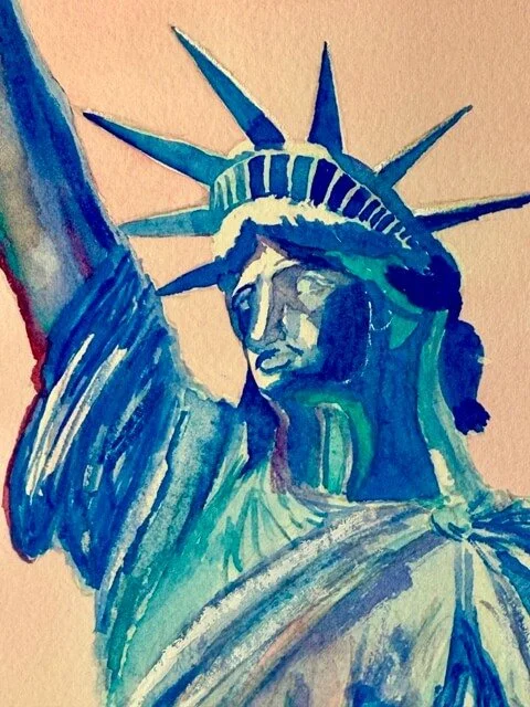 Detailed view of the crown and face of the Statue of Liberty in blue watercolor tones