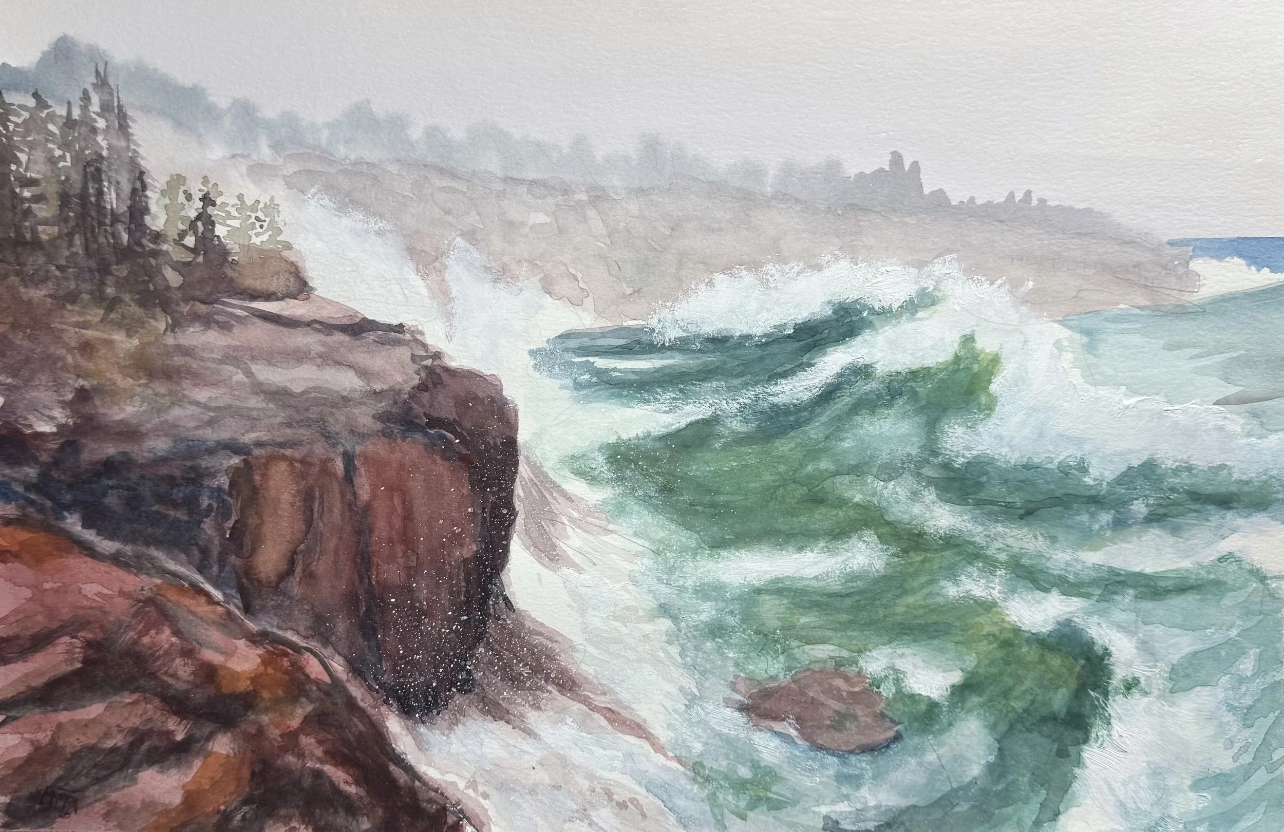 Original Lake Superior watercolor painting of storm waves crashing against a rocky shoreline by Miguel Munoz.