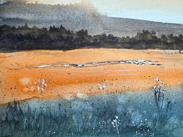 Close-up of watercolor texture and white wildflowers in the foreground