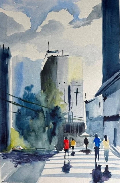 Watercolor painting of people crossing a city street beneath tall buildings with cloudy sky