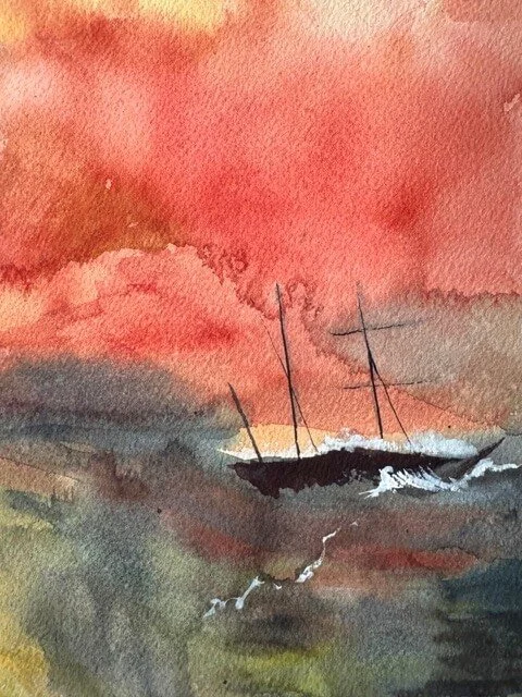 Dark silhouette of a tall ship on stormy watercolor seas beneath a vivid red-orange sky.