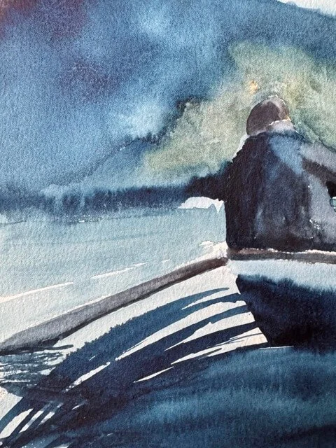 Close-up of figure rowing a boat in deep blue tones with shadowed brushwork.