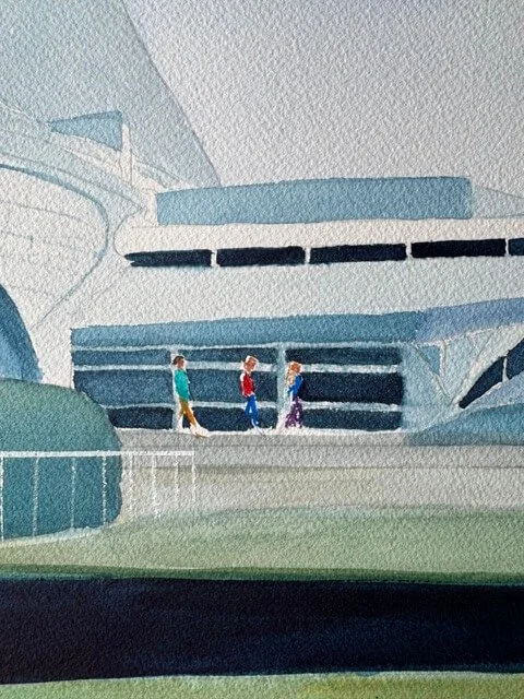 Close-up of tiny walking figures in front of the Milwaukee Art Museum in watercolor
